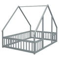 Full Wood House Shaped Floor Bed With Fence, Guardrails,Grey Full Grey American Design Pine