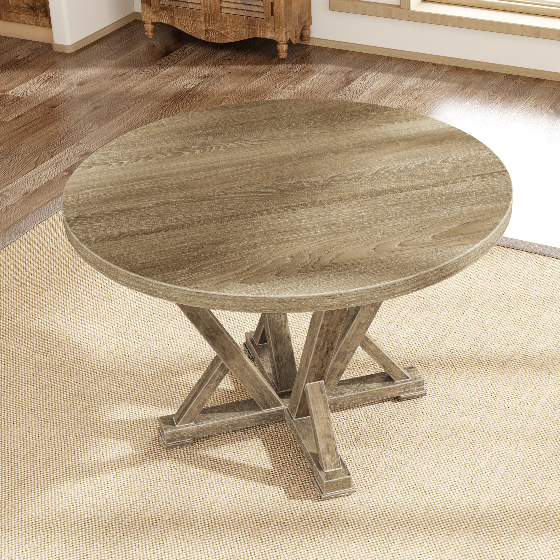 Modern Farmhouse Round Dining Table 45.7Inch Solid Wood Rubberwood Antique Finishing Rustic Look Distressed Look Wire Brushed For 4 Seaters Grayish Brown Light Brown Distressed Finish Dining Room Antique,Farmhouse,French Country,Rustic,Vintage Rubberwood