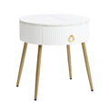 19.6'' Easy Assembly End Tables With High Gloss Faux Marble Tabletops, Set Of 2, Modern Fluted 2 Side Tables With Drawers, Round Coffee Tables With Golden Legs For Living Room, White White Gold Primary Living Space Drawers Round Mdf Iron