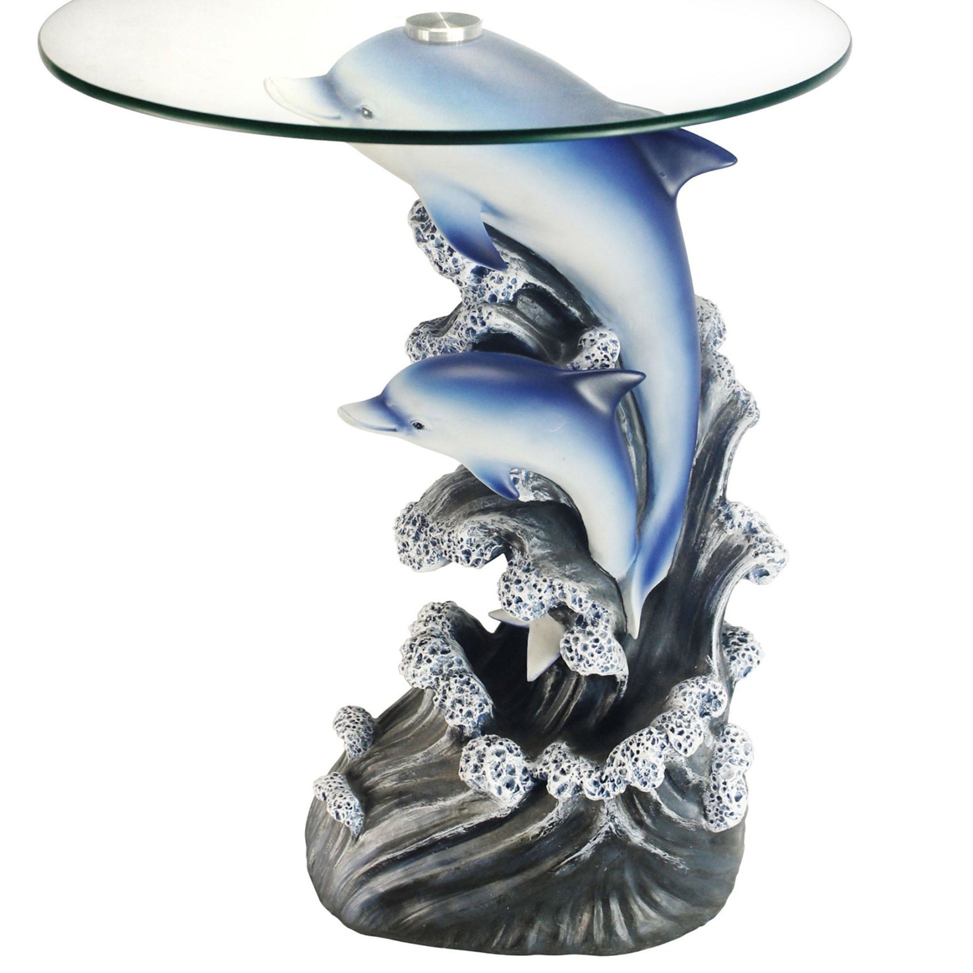 24" Tall Glass Top End Table, Polyresin Dolphin Base Multicolor Polyresin