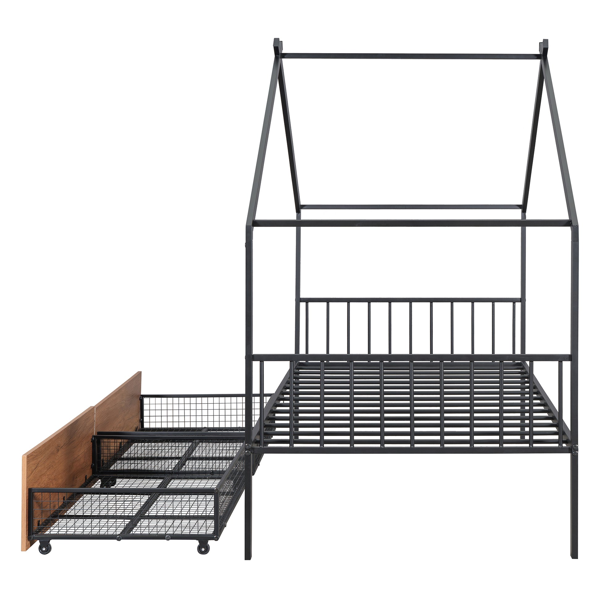 Twin Size Metal House Bed With Two Drawers, Black Twin Black Metal