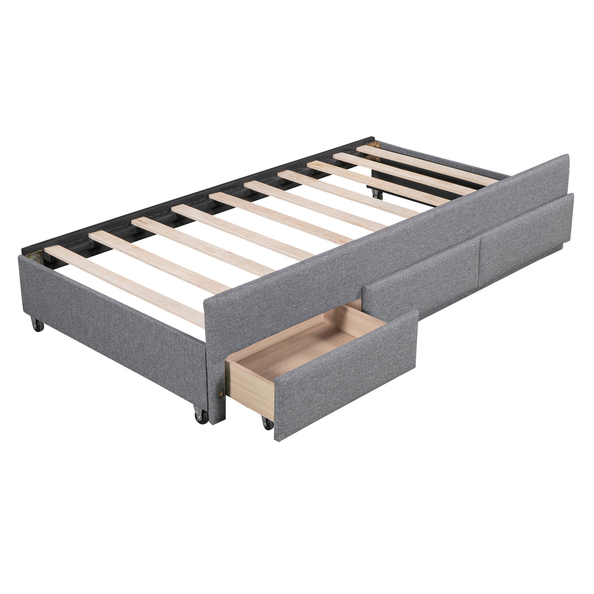 Full Size Upholstered Platform Bed With Pull Out Twin Size Trundle And 3 Drawers, Gray Full Gray Upholstered