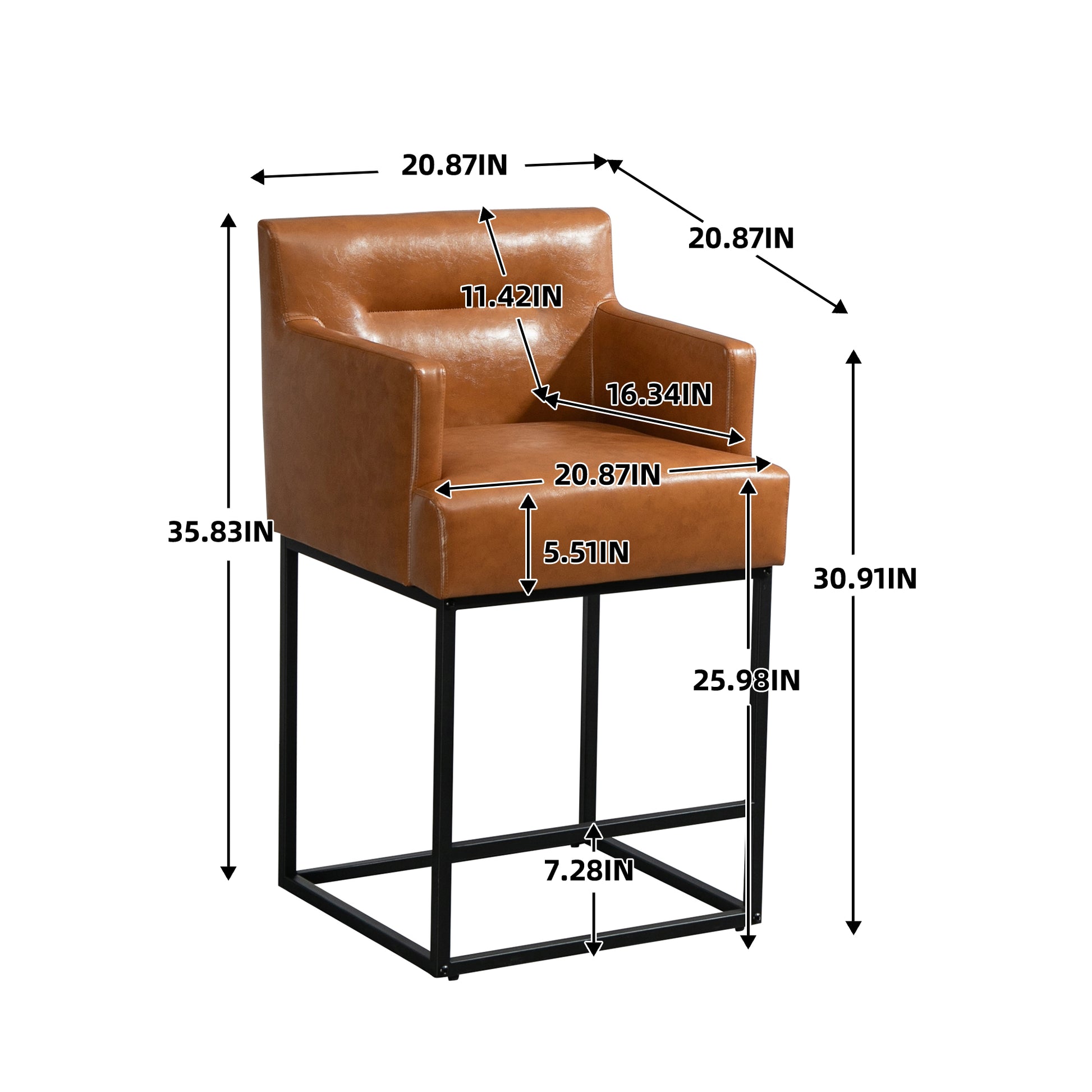 Coolmore Counter Height Bar Stools Set Of 2, Modern Barrel Bar Stool With Backrest And Arms, Black Metal Frames, Upholstered Bar Stools For Kitchen Island, Pub, Club Light Brown Foam Pu Leather