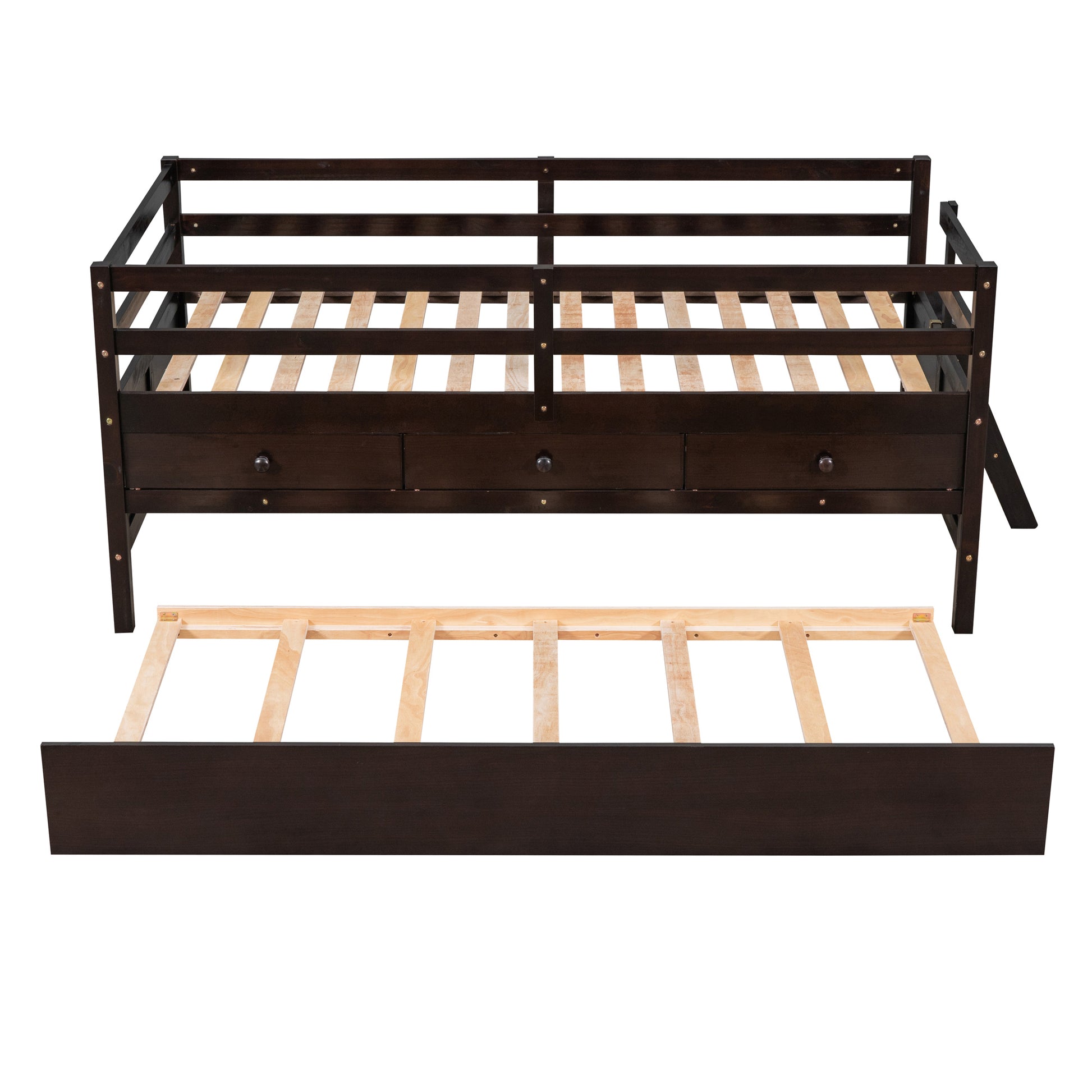 Low Loft Bed Twin Size With Full Safety Fence, Climbing Ladder, Storage Drawers And Trundle Espresso Solid Wood Bed Espresso Solid Wood