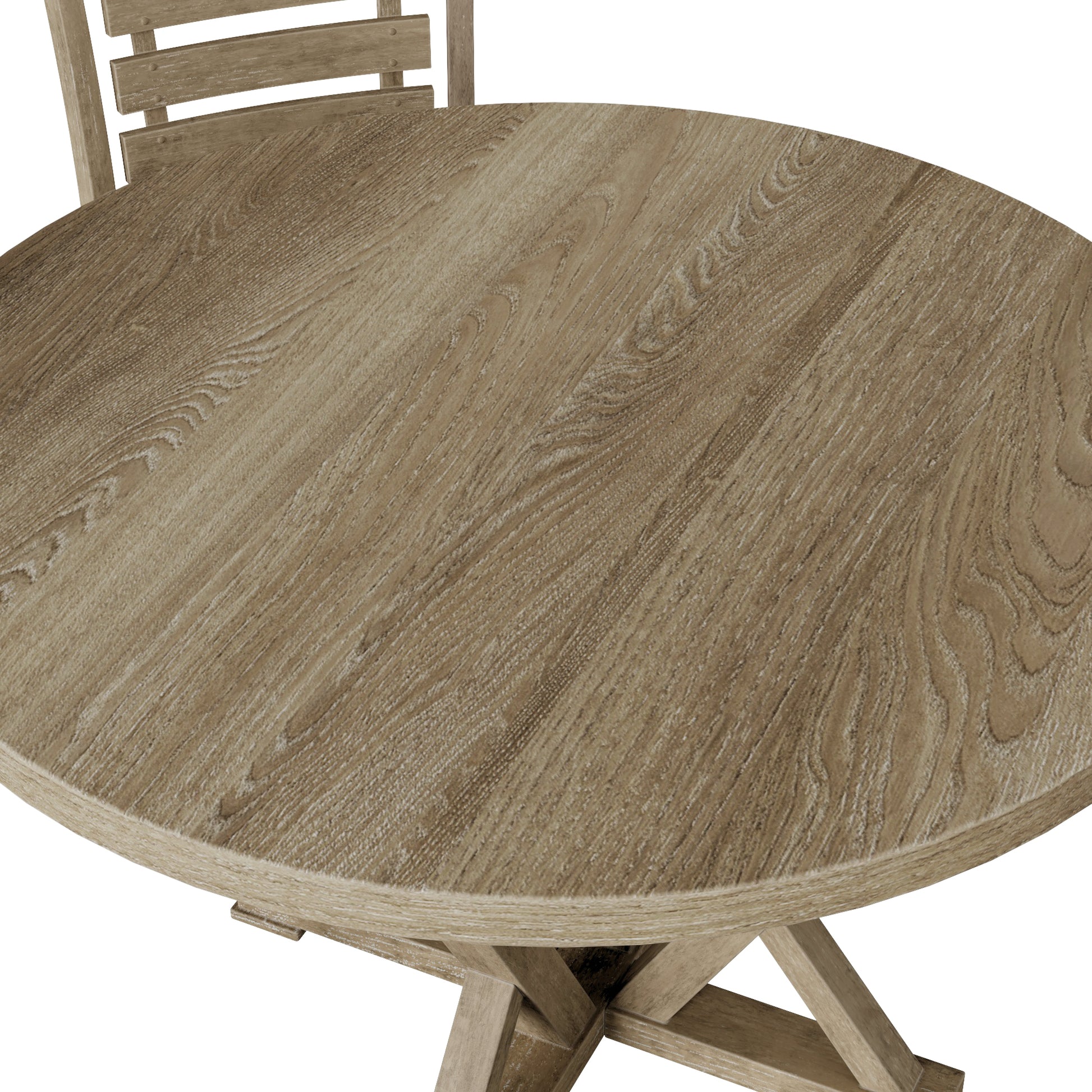 5Pcs Table Set Round Dining Table Solid Wood Modern Farmhouse Rustic Look Distressed Look Wood Grayish Brown Ladder Back Seats 4 Light Brown Dining Room Fixed Table American Design,Farmhouse,French Country,Rustic,Vintage Rubberwood Round Round Dining