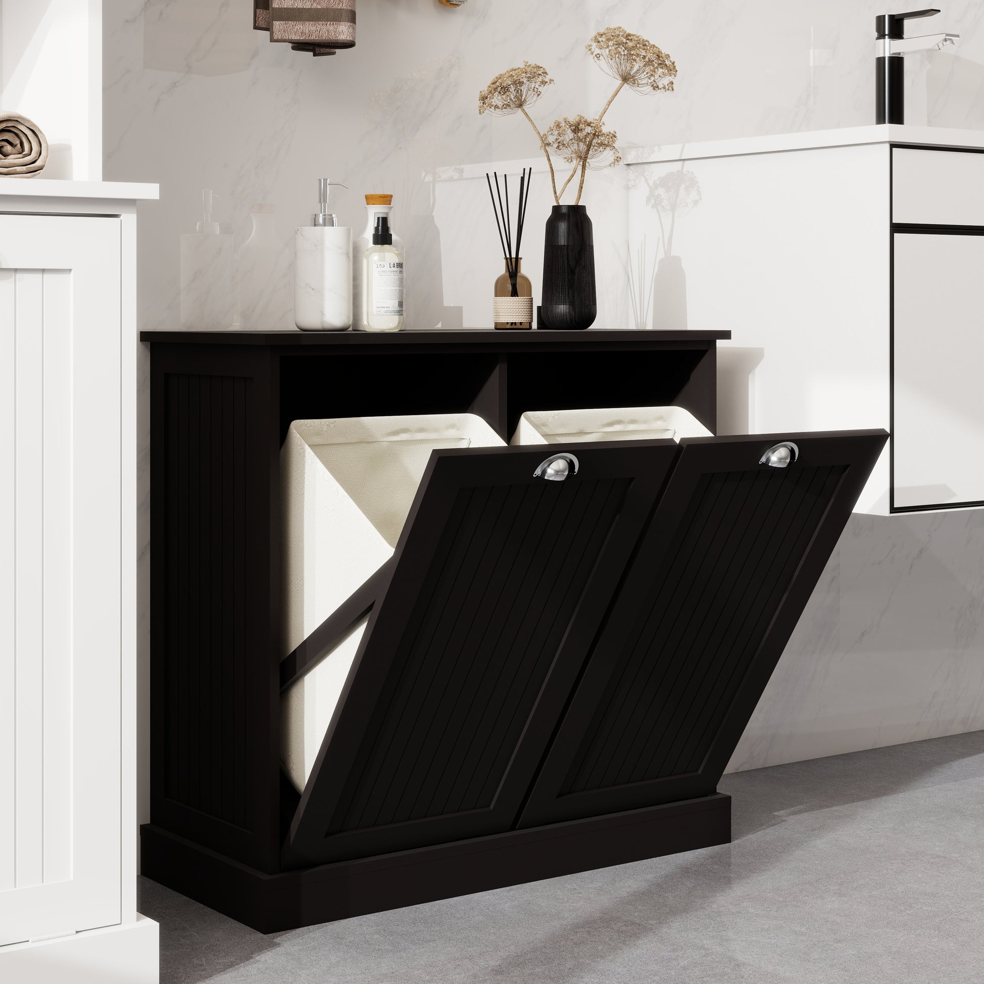 Two Compartment Tilt Out Laundry Sorter Cabinet Black Black Mdf