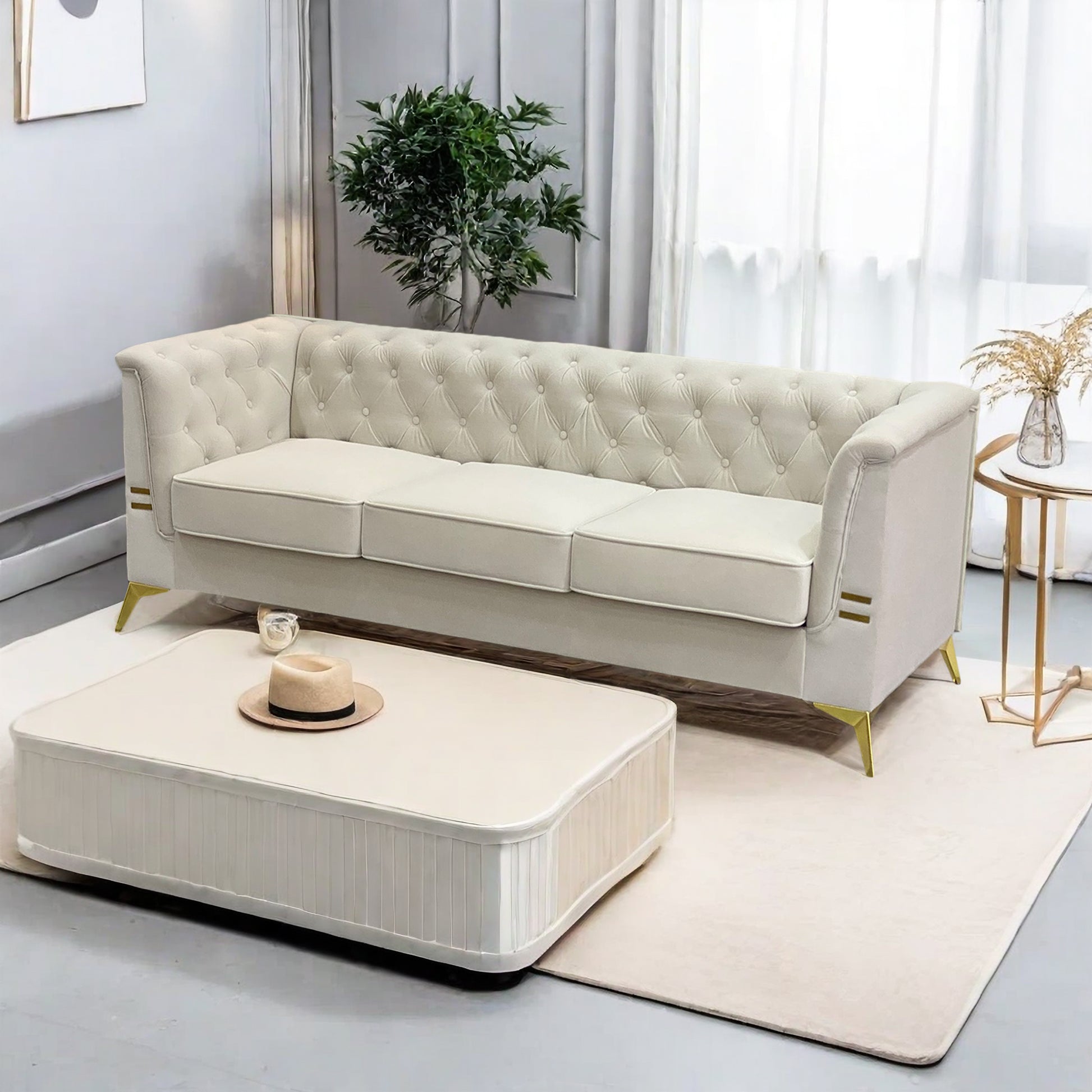 Fx P83 Cw Sofa Modern Velvet Living Room Chesterfield Design 82.7Inch Wide Sofa Cream White Color Beige Velvet 3 Seat