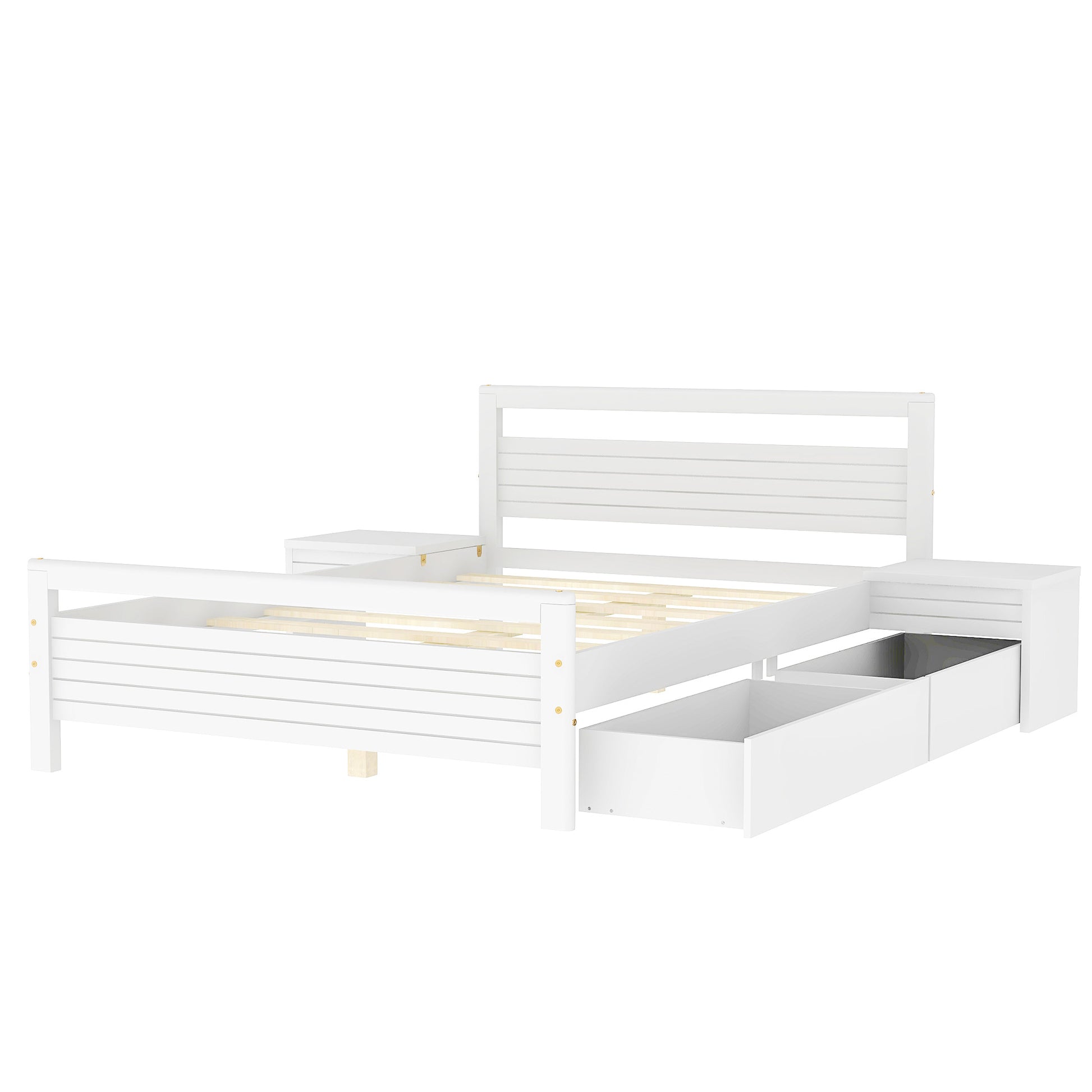 Full Size Wooden Platform Bed With 2 Storage Drawers And 2 Bedside Tables, White Full White Pine