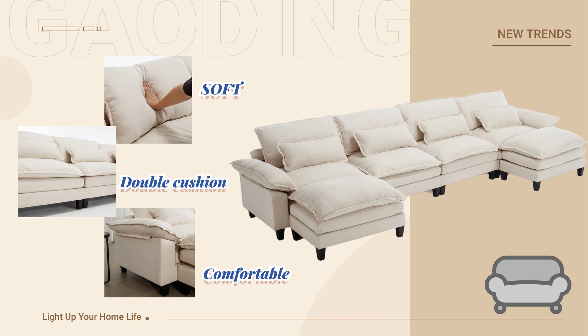 154.8" Oversized Modular Sofaice Velvet Large U Shaped Couch Comfy Upholstered 4 Seat Sofa With 2 Ottoman, 4 Lumbar Pillow, Deep Seat Couch For Living Room Beige Wood Primary Living Space Modern Foam Polyester 6 Seat