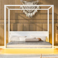 King Size Wood Led Canopy Bed ,Canopy Platform Bed With Support Slats, No Box Spring Needed, Whitekig King White Plywood