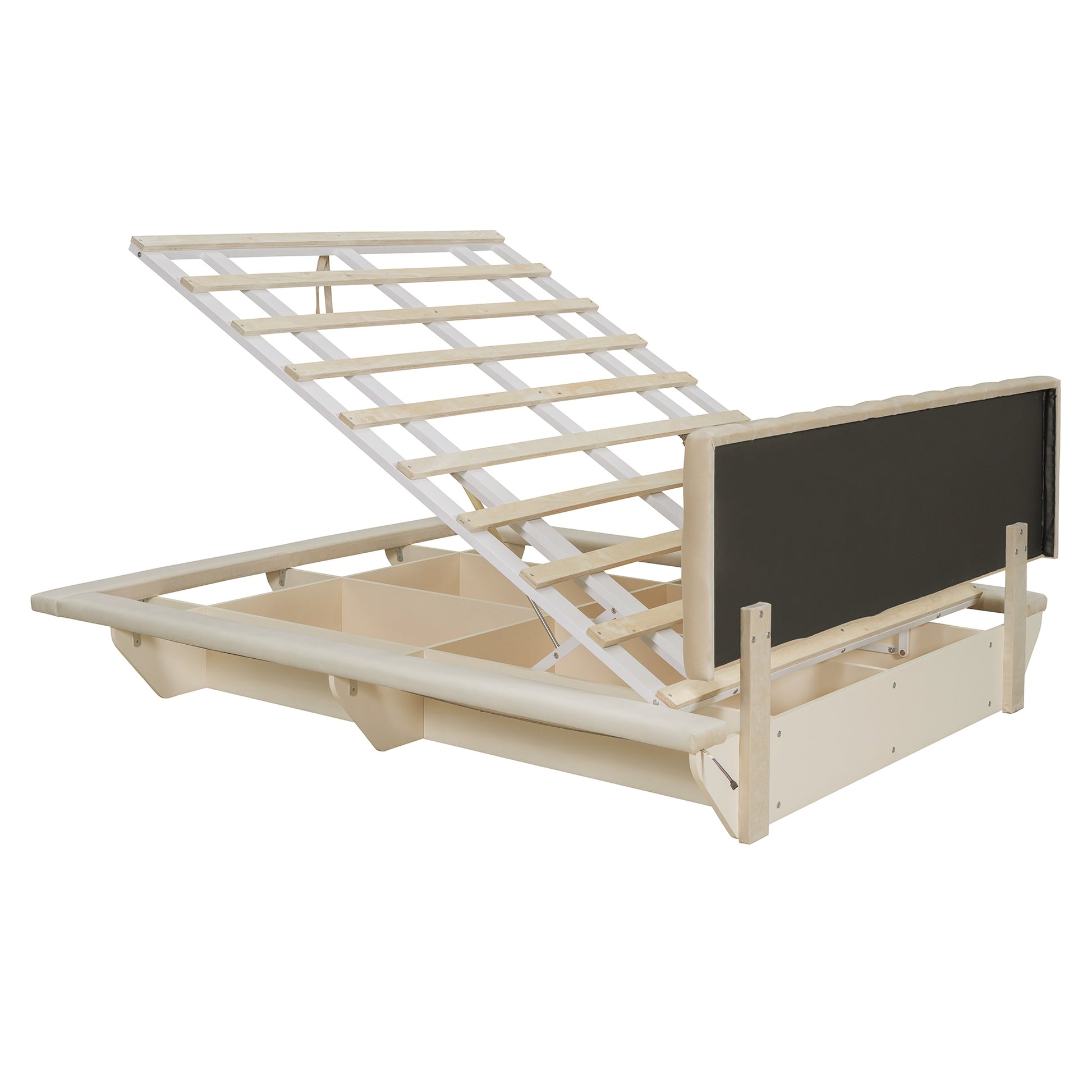 Queen Size Upholstered Floating Bed With Led Light And Usb Port, Velvet, Beige, Hydrualic Platform Bed Queen Beige Velvet