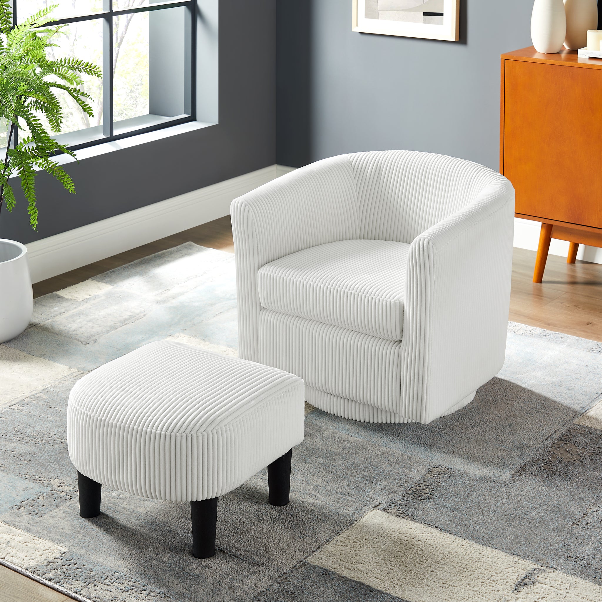 Swivel Accent Chair 360 Comfy Recliner Corduroy Arm Chair Single Sofa With Ottoman For Living Room Bedroom White Fabric