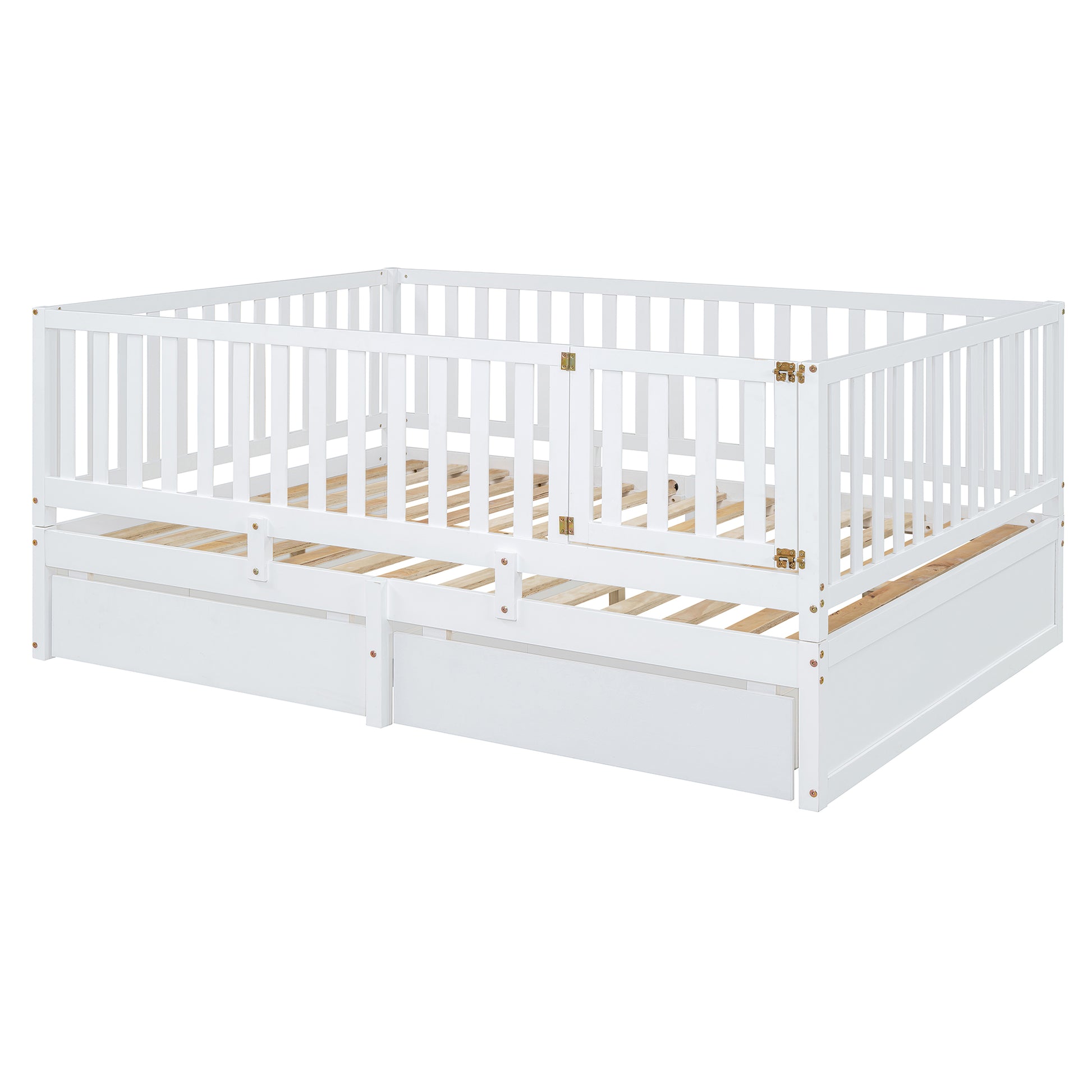 Full Size Wood Daybed With Fence Guardrails And 2 Drawers, Split Into Independent Floor Bed & Daybed, White Old Sku :Lp000882Aak Full White Solid Wood Mdf