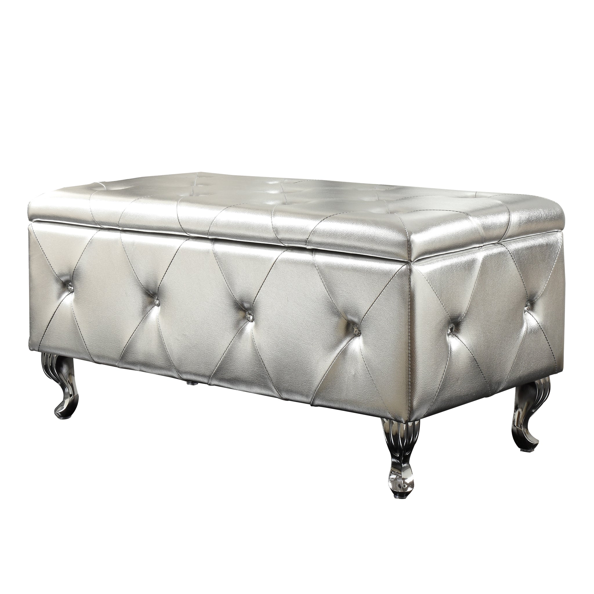 1Pc Glam 38 Inches Storage Ottoman Bench For Upholstered Tufted Silver Faux Leather Organizer Bedroom Living Room Entryway Hallway Tufted Silver Faux Leather Primary Living Space Solid Traditional Foam Faux Leather