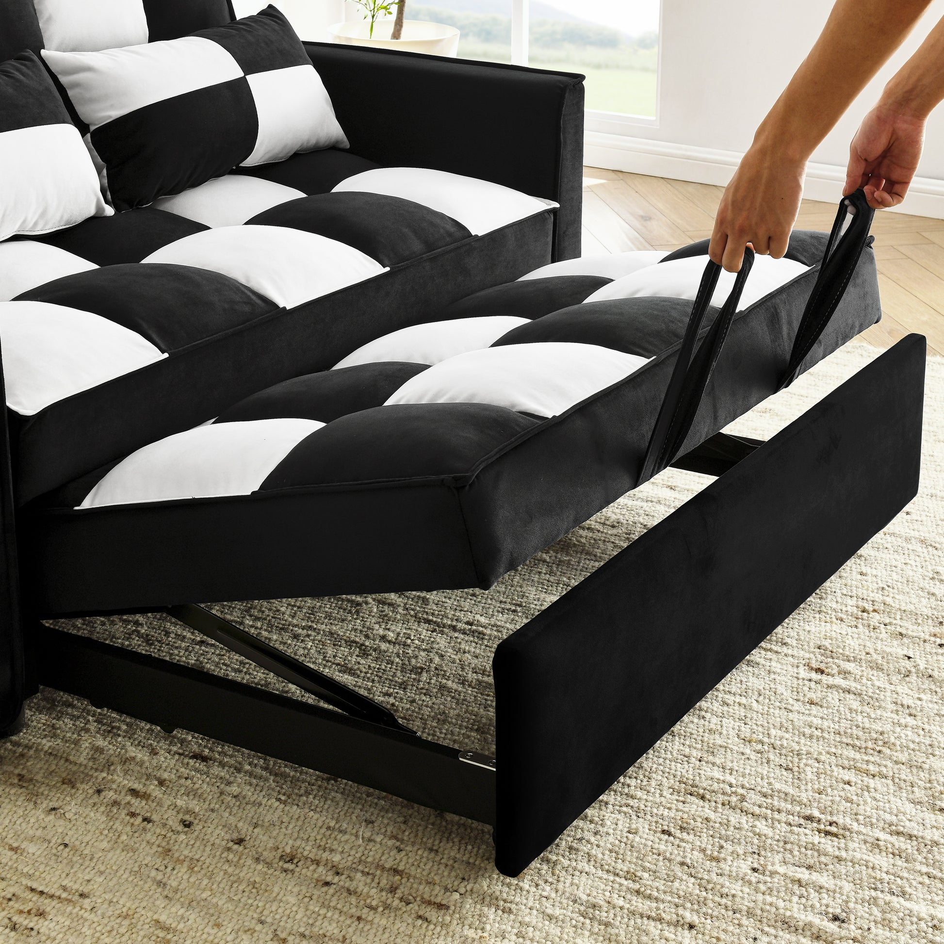 Modern Velvet Seat Sofa Couch Pull Out Bed,3 In One Convertible For Living Room Sofa Bed,Black White Black White Velvet Primary Living Space Cushion Back Medium Soft Medium Duty American Design Pillow Top Arms Foam Velvet 2 Seat