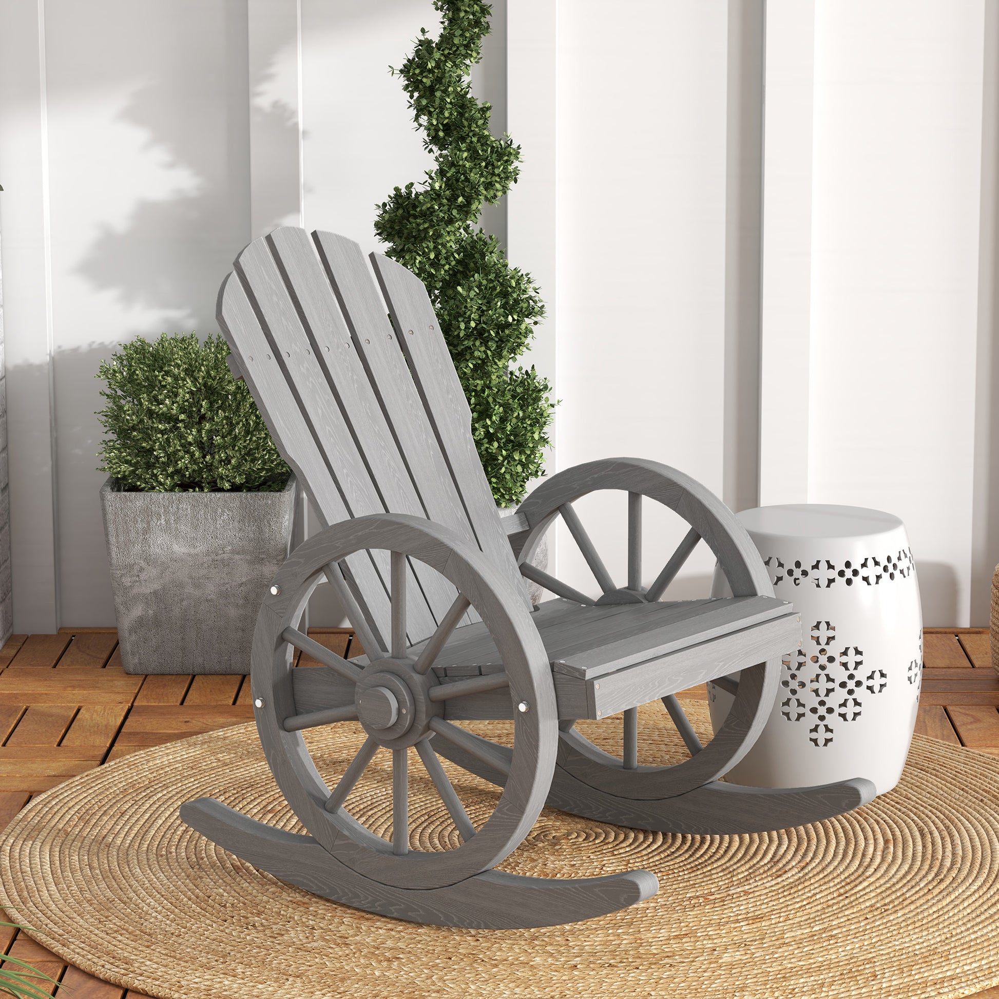 Outsunny Wooden Rocking Chair, Adirondack Rocker Chair W Slatted Design And Oversized Back, Outdoor Rocking Chair With Wagon Wheel Armrest For Porch, Poolside, And Garden, Gray Gray Wood