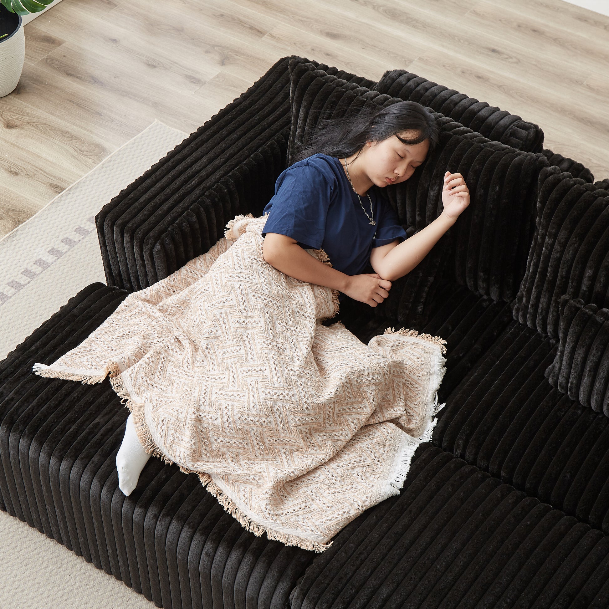 87" Oversized Sectional Lounge Chaise,No Assembly Required,Cloud Plush Loveseat With Two Removable Footstool,Fluffy Modern Sleeper Chair For Indoor Living Room Bedroom Black Corduroy 2 Seat