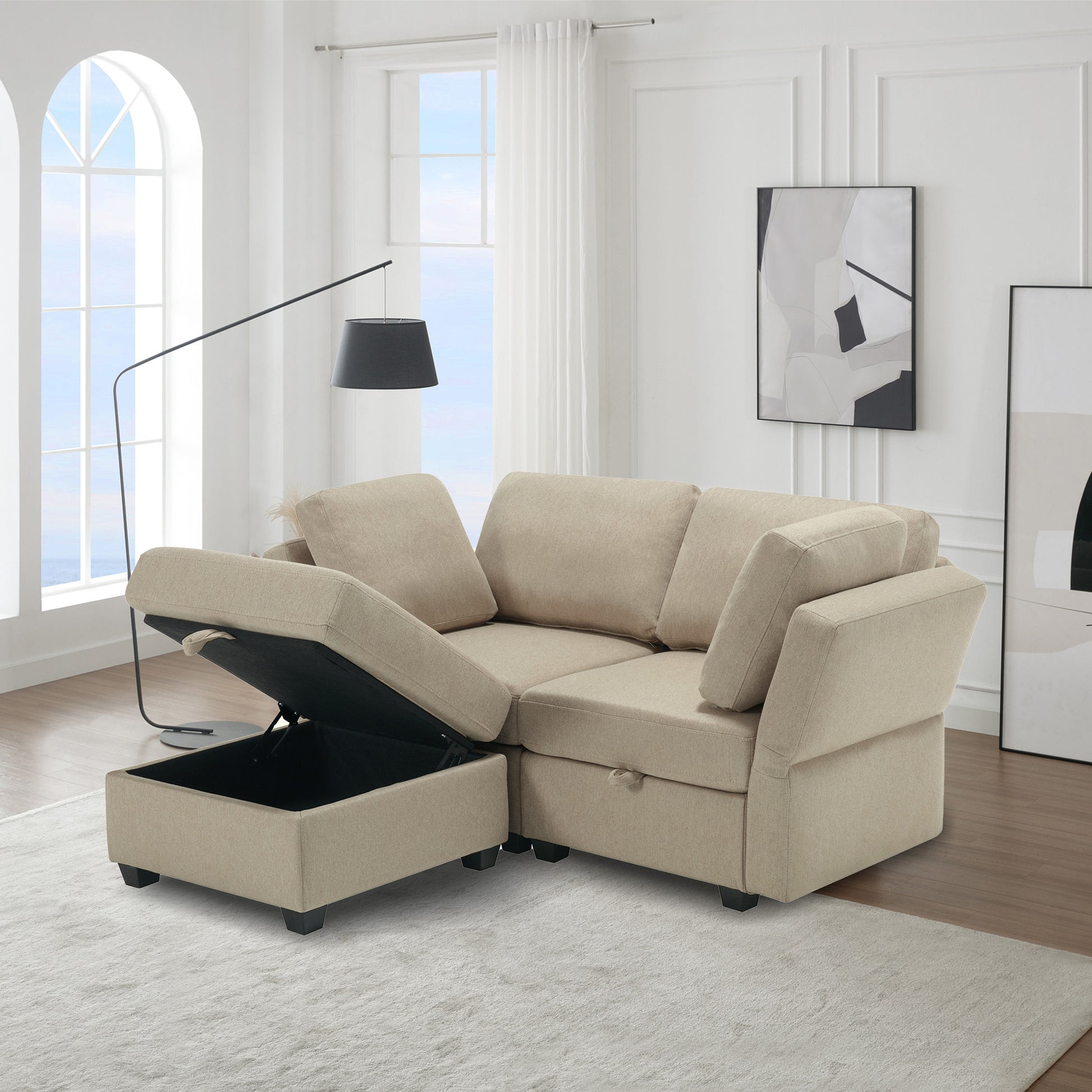 Space Saving Small Sectional Sofa With Ottoman, 2 Seater Sofa With 1 Ottoman, All Seats And Ottomans With Storage Function Beige Beige Fabric 2 Seat
