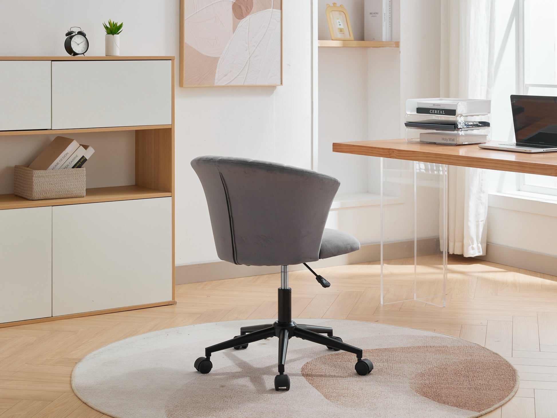 Home Office Chair, Velvet Fabric Swivel Flower Shape Computer Desk Chair For Home Office Or Bedroom Grey Black Foam Polyester Blend