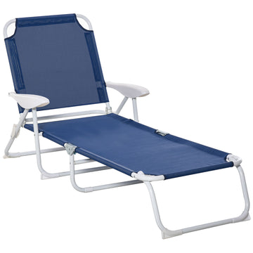 Outsunny Folding Chaise Lounge, Outdoor Sun Tanning Chair, 4 Position Reclining Back, Armrests, Metal Frame And Mesh Fabric For Beach, Yard, Patio, Blue Blue Metal