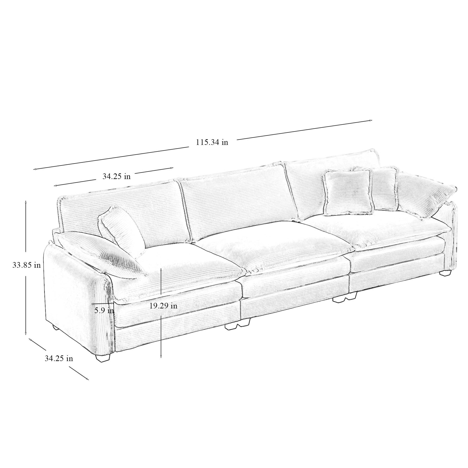 3 Piece Comfortable Oversized Sectional Sofa, One Single Sofa And One 2 Seater Sofa And One 3 Seater Sofa ,Tan Corduroy Deep Seat Sofa Tan Corduroy 6 Seat