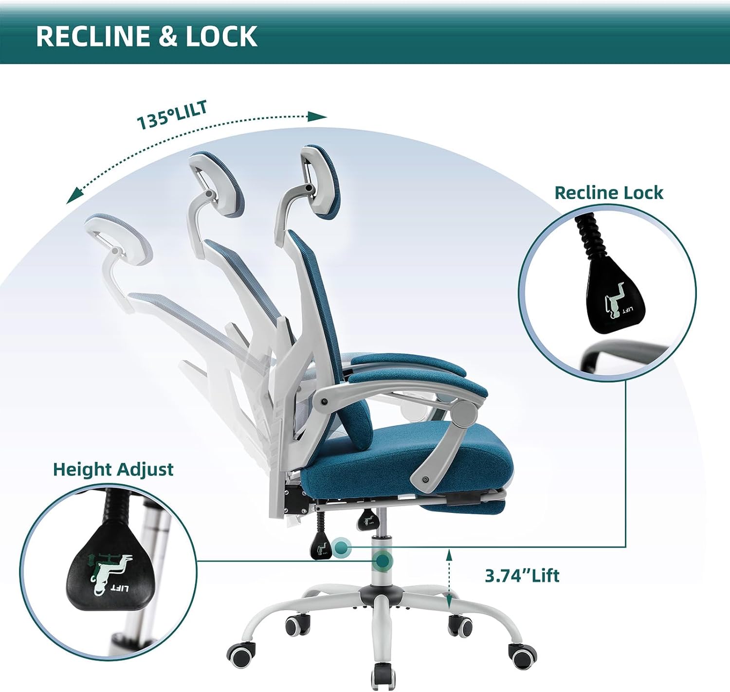 Retractable Footrest Ergonomic Swivel Office Chair With Lumbar Support Pillow And Padded Armrests, Blue Blue Metal