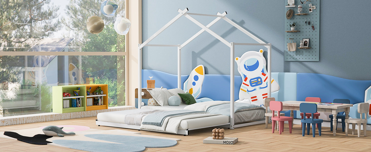 Metal Twin Size House Platform Bed With Trundle, White Box Spring Not Required Twin White Metal Bed Frame Metal