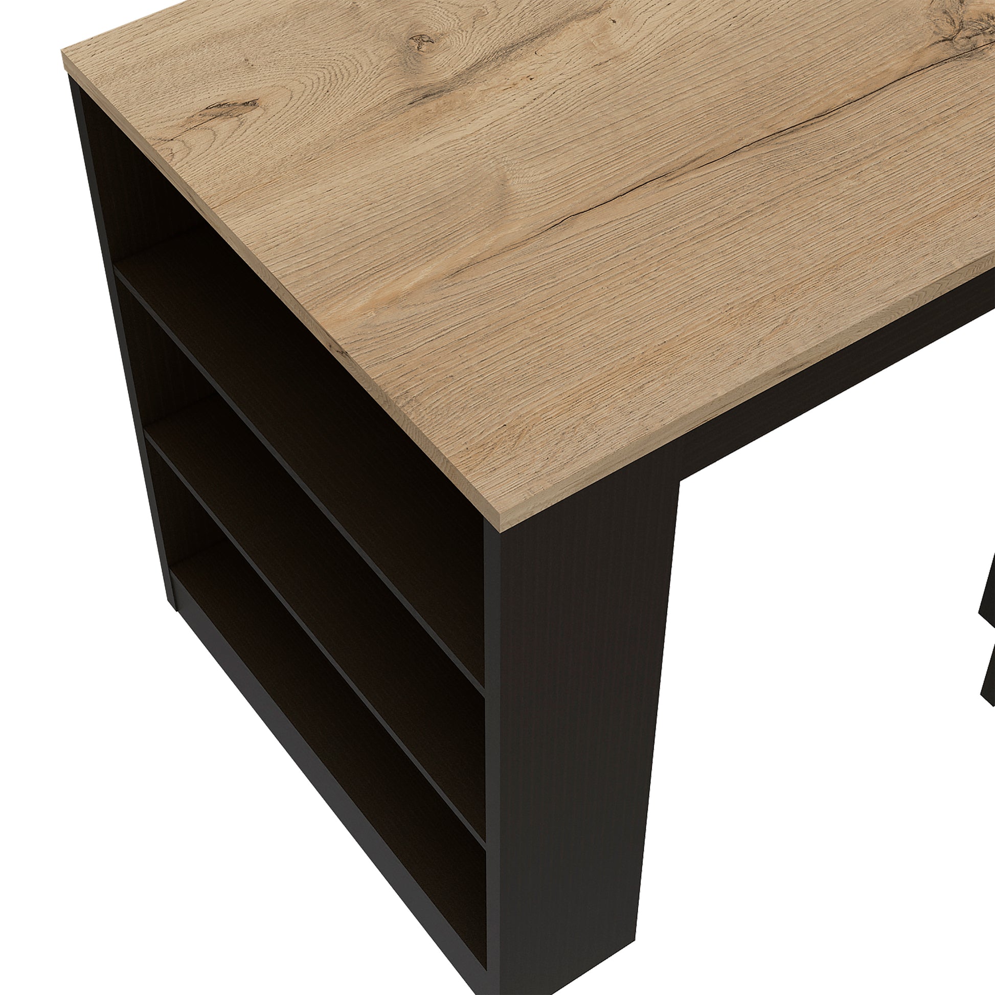 Kitchen Island Table, Two Legs, Three Side Shelves, Black Pine Multicolor Solid Wood Mdf Engineered Wood
