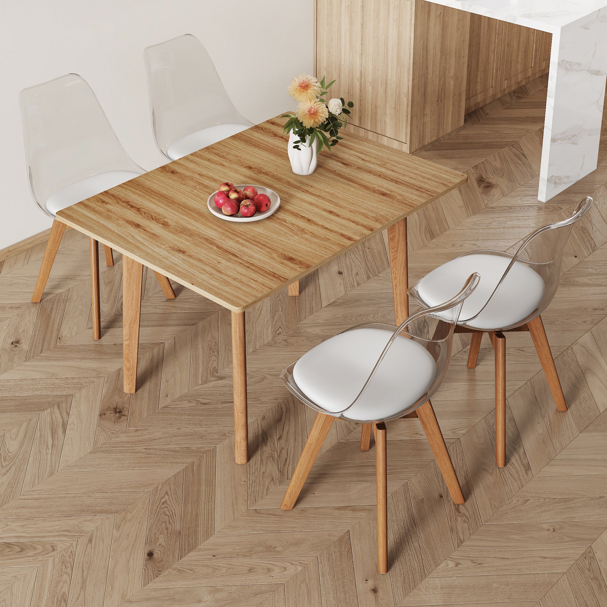 Wood Colored Mfc Desktop With Rubber Wooden Legs, Foldable Computer Desk, Foldable Office Desk, 4 Modern Chairs Can Rotate 360 Degrees,The Seat Cushion Is Made Of Pu Material. Zd 1545 C 1162 Wood Wood