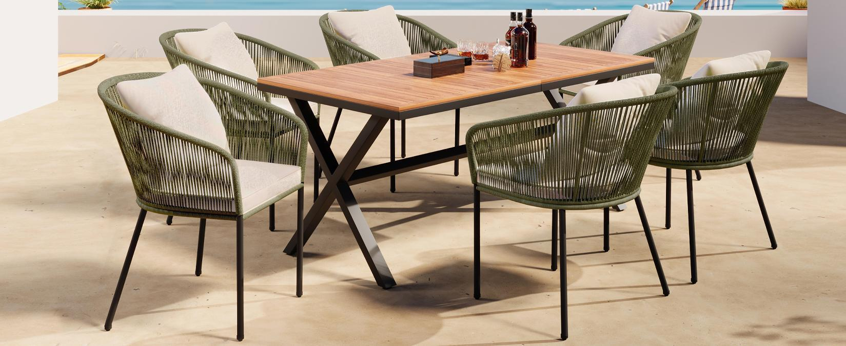 7 Pieces Patio Dining Set, All Weather Outdoor Furniture Set With Dining Table And Chairs, Acacia Wood Tabletop, Metal Frame, For For Garden, Backyard, Balcony, Green Yes Green Seats 6 Garden & Outdoor Complete Patio Sets Wood Wood Rope