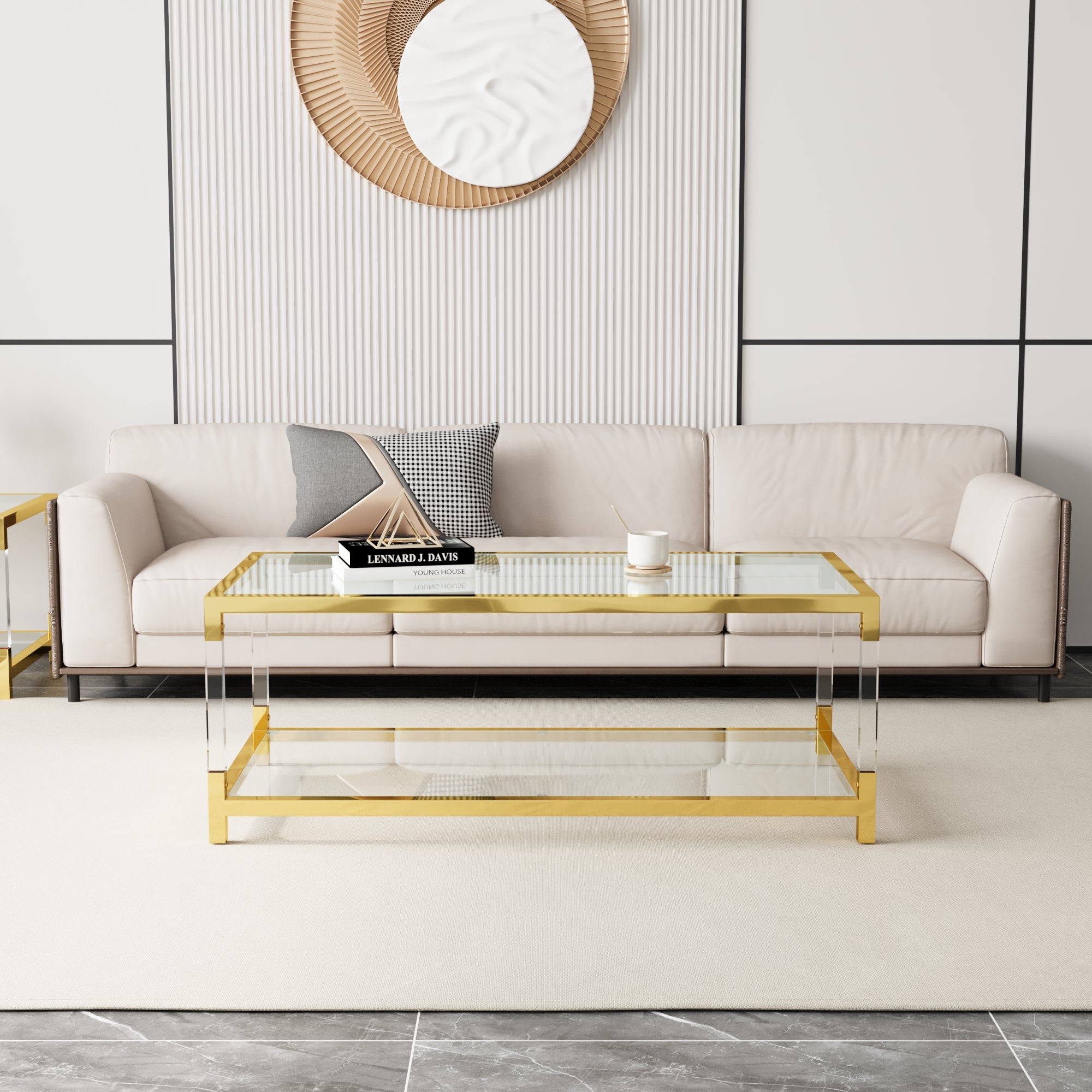 Modern Minimalist Style Gold Metal Frame With Acrylic Leg Coffee Table Cs 1195 Golden,Transparent Glass Acrylic