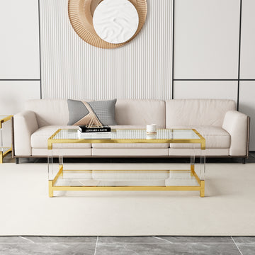 Modern Minimalist Style Gold Metal Frame With Acrylic Leg Coffee Table Cs 1195 Golden,Transparent Glass Acrylic