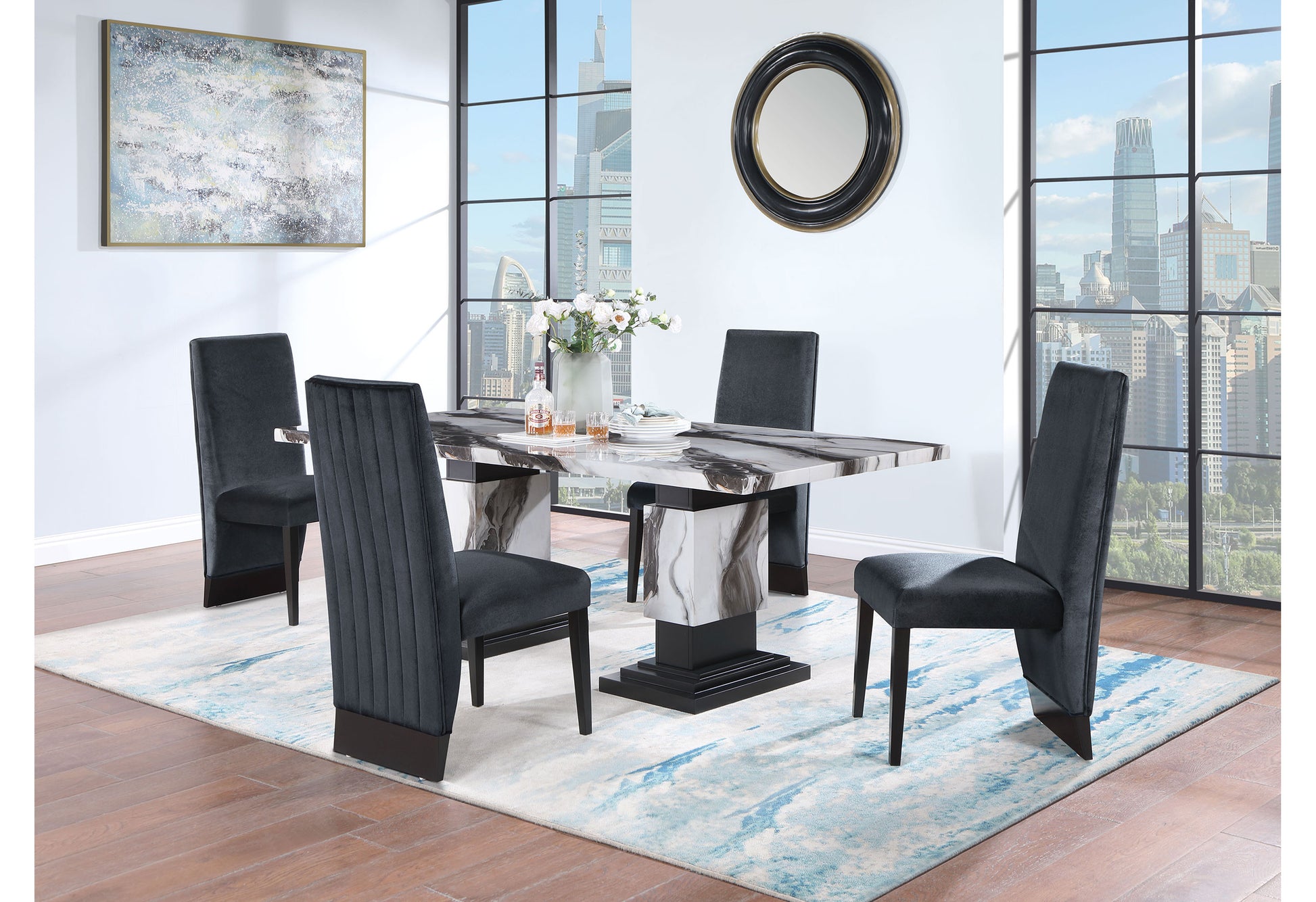 Stacey Zebra White Black Dining Table Multicolor Seats 6 Dining Room Modern Rubberwood Rectangular Wood Rubber Wood Pedestal