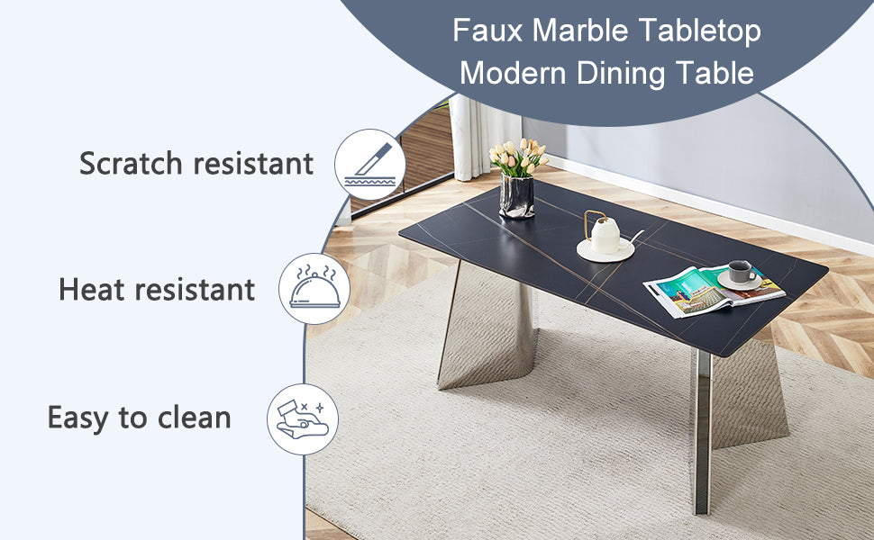Table And Chair Set.63"X31.5X30" Black Marble Patterned Slabs Tabletop With Stainless Steel Butterfly Legs.Paried With 6 Light Gray High Quality Pu Chairs With Silver Metal Legs. Light Gray,Silver