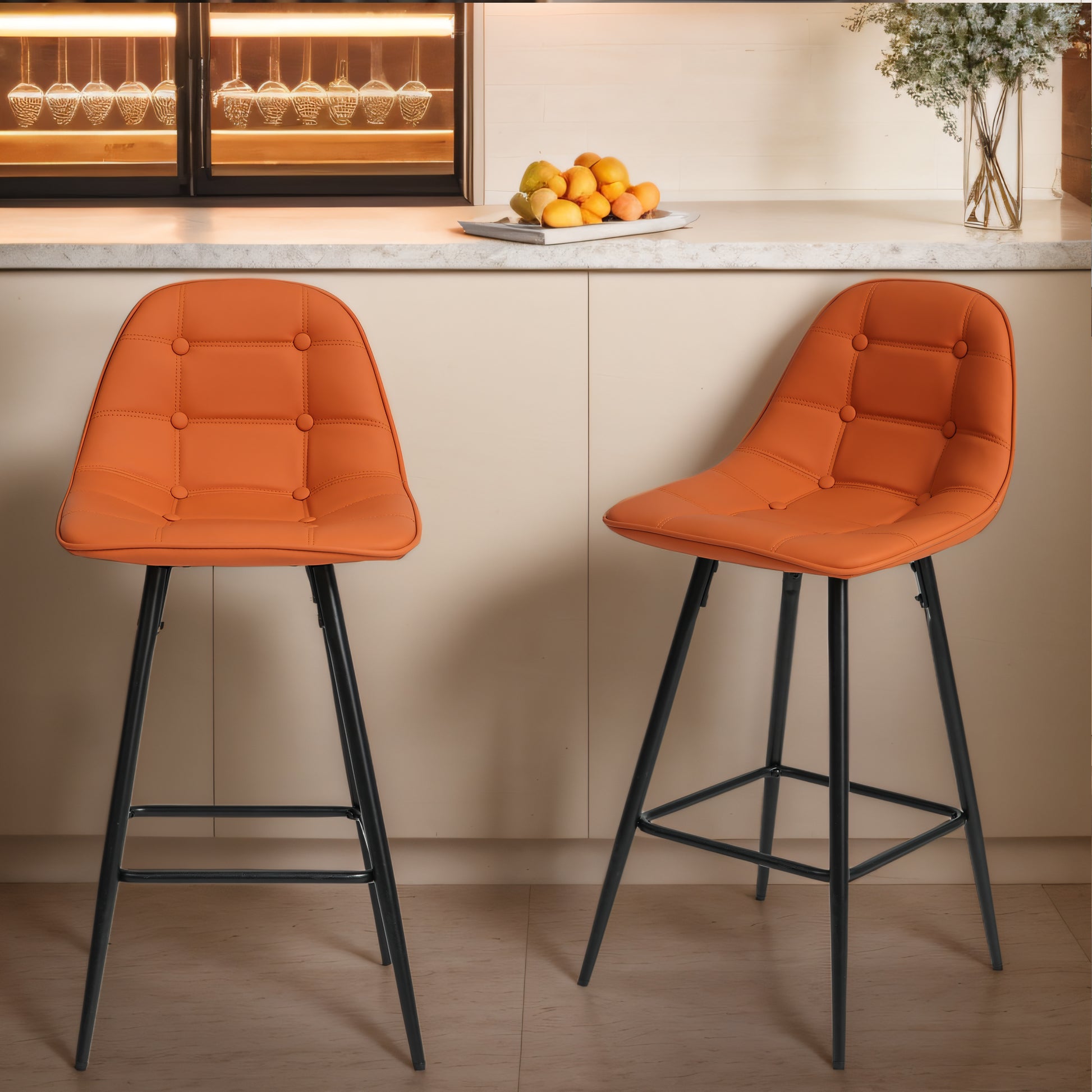 Counter Stools,Set Of 2 Bar Stools With Back And Footrest, Modern Metal Counter Height Barstools For Kitchen Home Bar,25.5" Armless Barstool Chairs Brown Leather