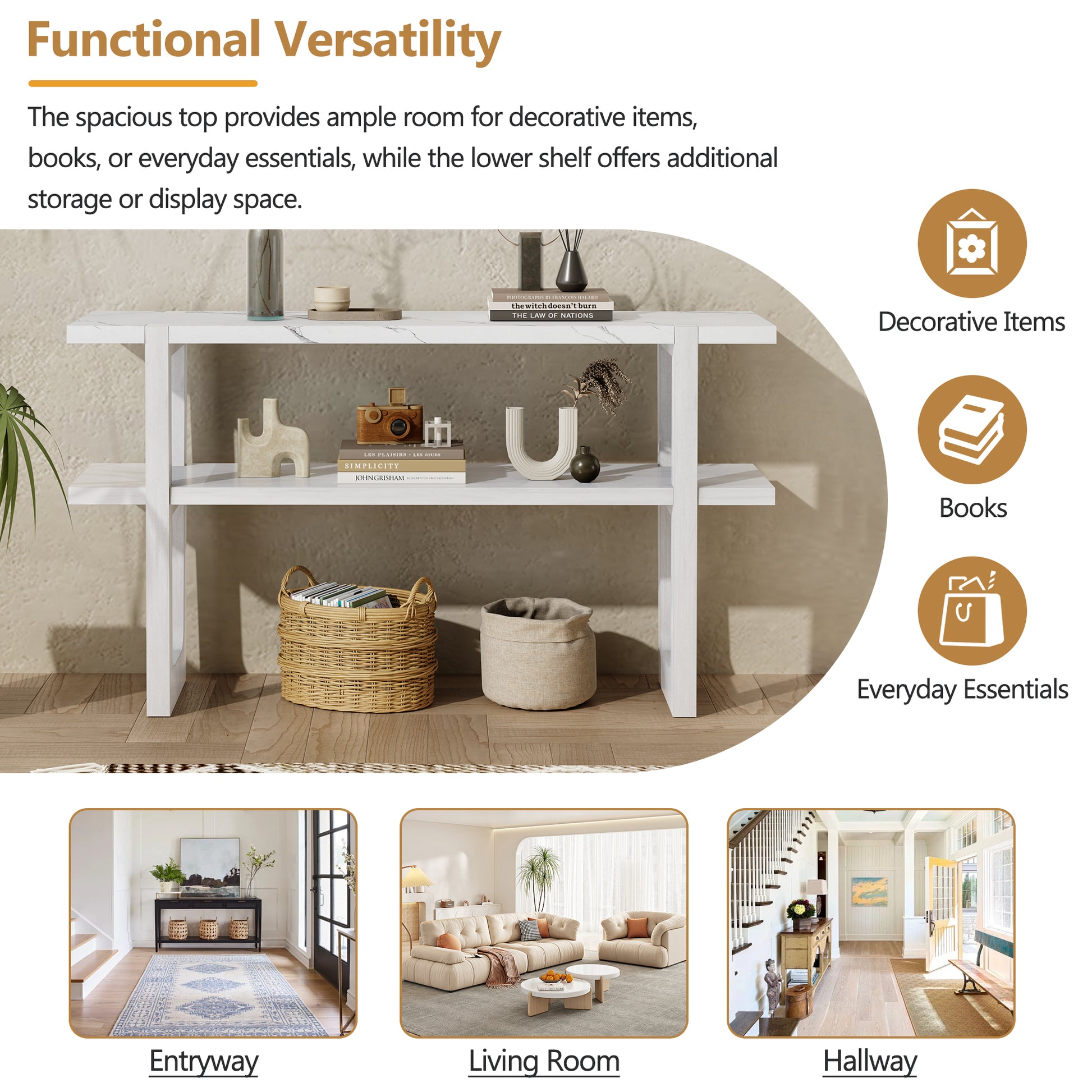 Retro Elegant Console Table With Marble Effect Top And Versatile Storage Solutions For Entryway And Living Room Antique White Antique White Solid Wood Mdf