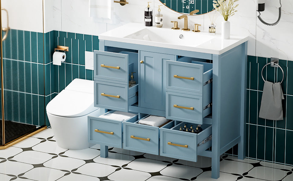 36'' Bathroom Vanity With Resin Sink Combo, Solid Wood Frame Bathroom Storage Cabinet, Freestanding Vanity Set With 5 Drawers& Soft Closing Doors Same As Sw000142Aam Blue Bathroom Solid Wood Mdf Resin