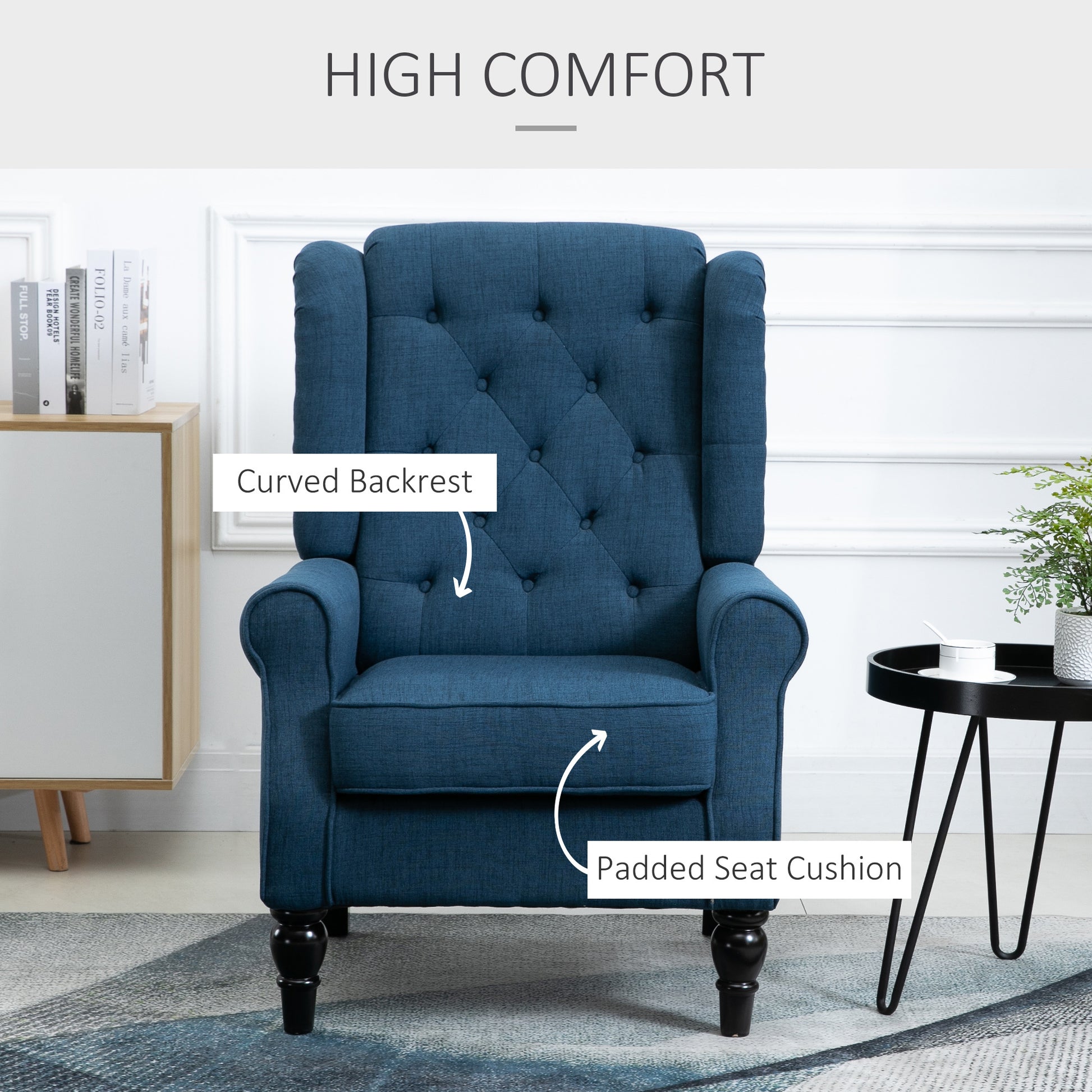 Homcom Button Tufted Accent Chair With High Wingback, Rounded Cushioned Armrests And Thick Padded Seat, Blue Blue Fabric