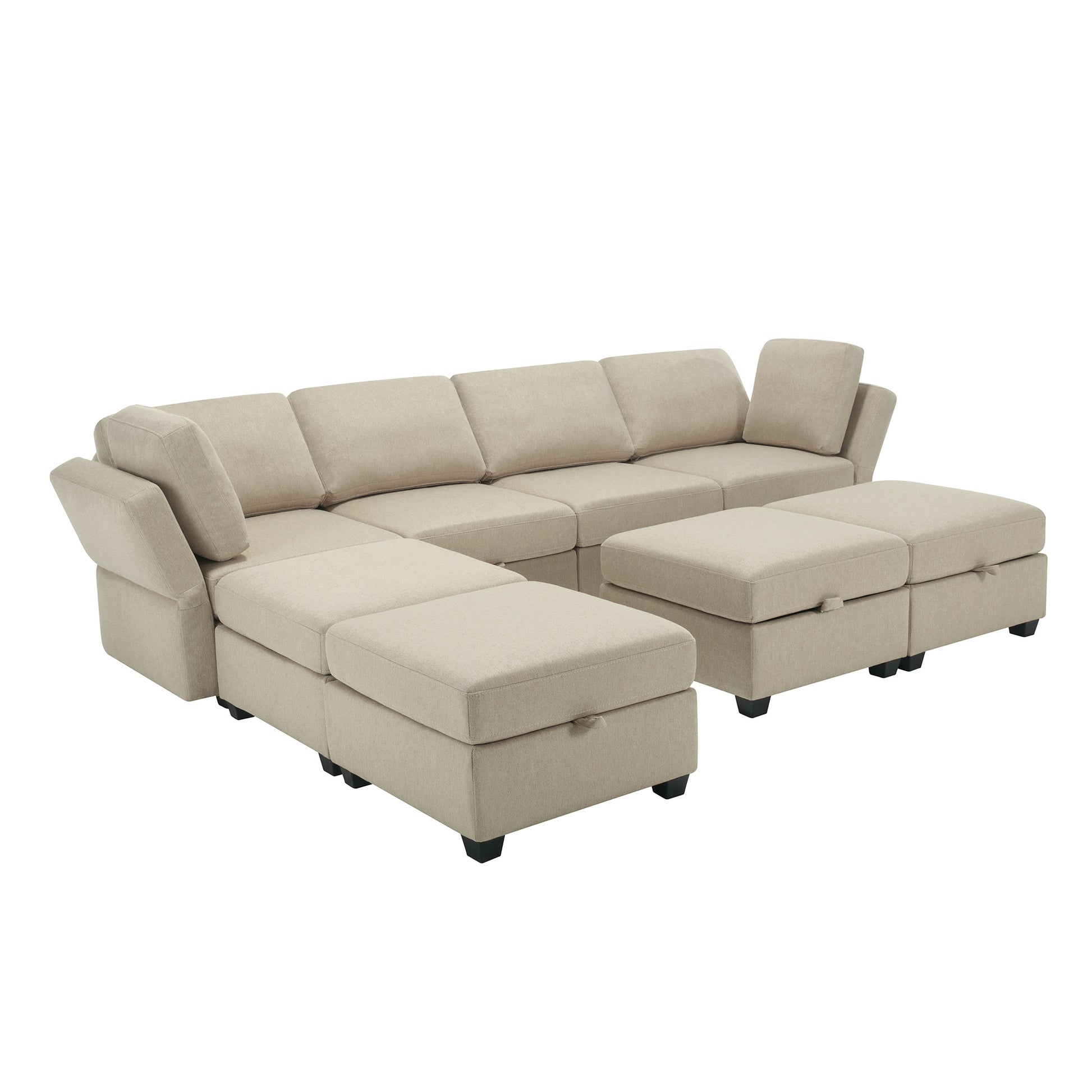 Adjustable Arms And Backs Sectional Sofa, Modern Sectional Couch U Shaped Sofa Couch With Storage Ottoman, Sofa With Convertible Chaise Beige Beige Polyester 4 Seat