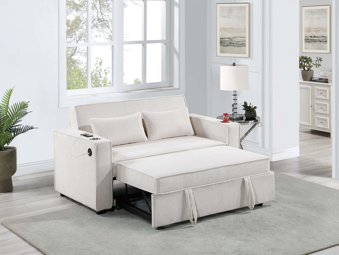 Beige Corduroy Upholstered 2 Seat Sofa W Cup Holders Sleeper Couch 1Pc Convertible Sofa W Usb Beige Corduroy Wood Primary Living Space Cushion Back Contemporary,Modern,Transitional Rubberwood Square