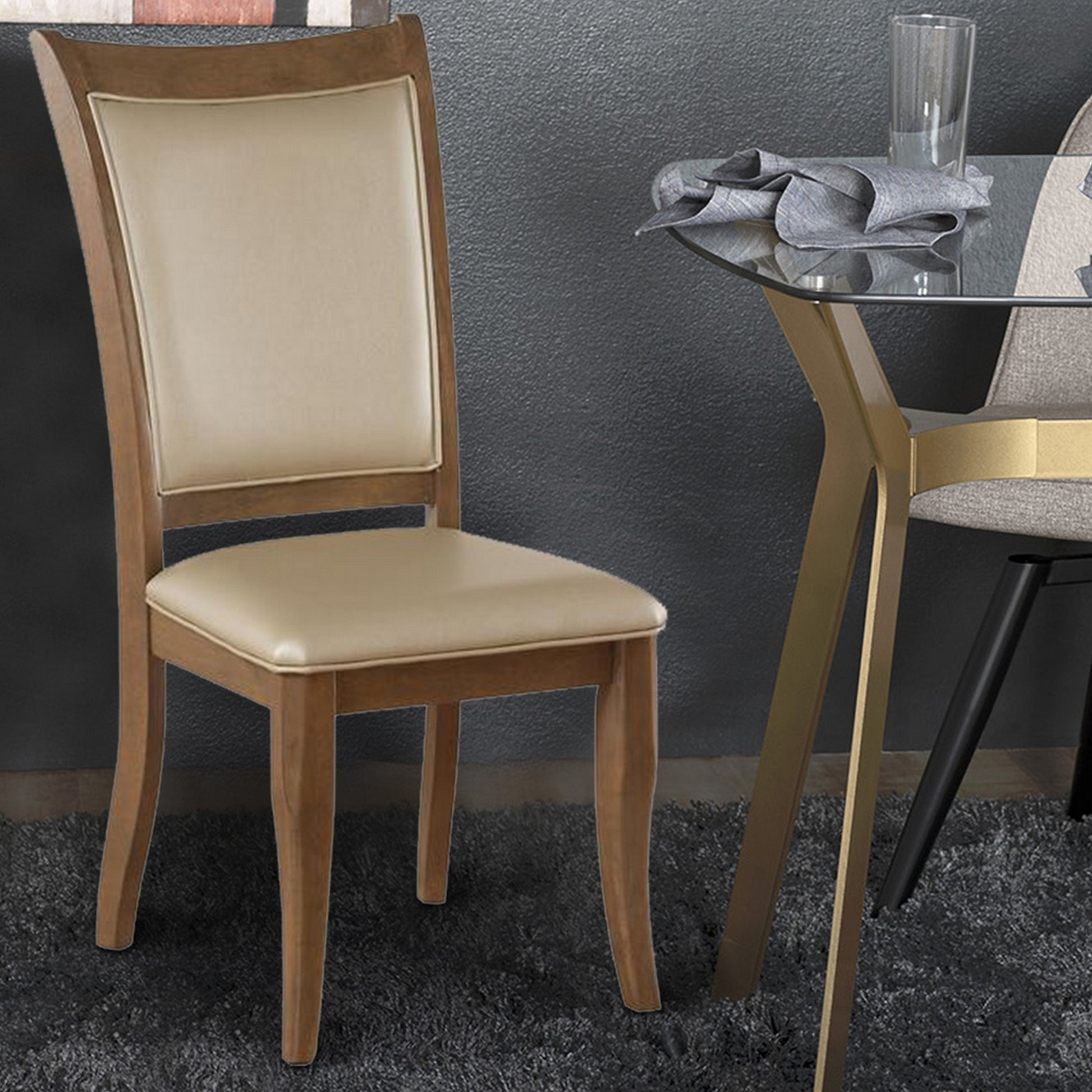 Dining Chair, Vegan Faux Leather With X Design, Set Of 2, Beige Beige Solid Wood