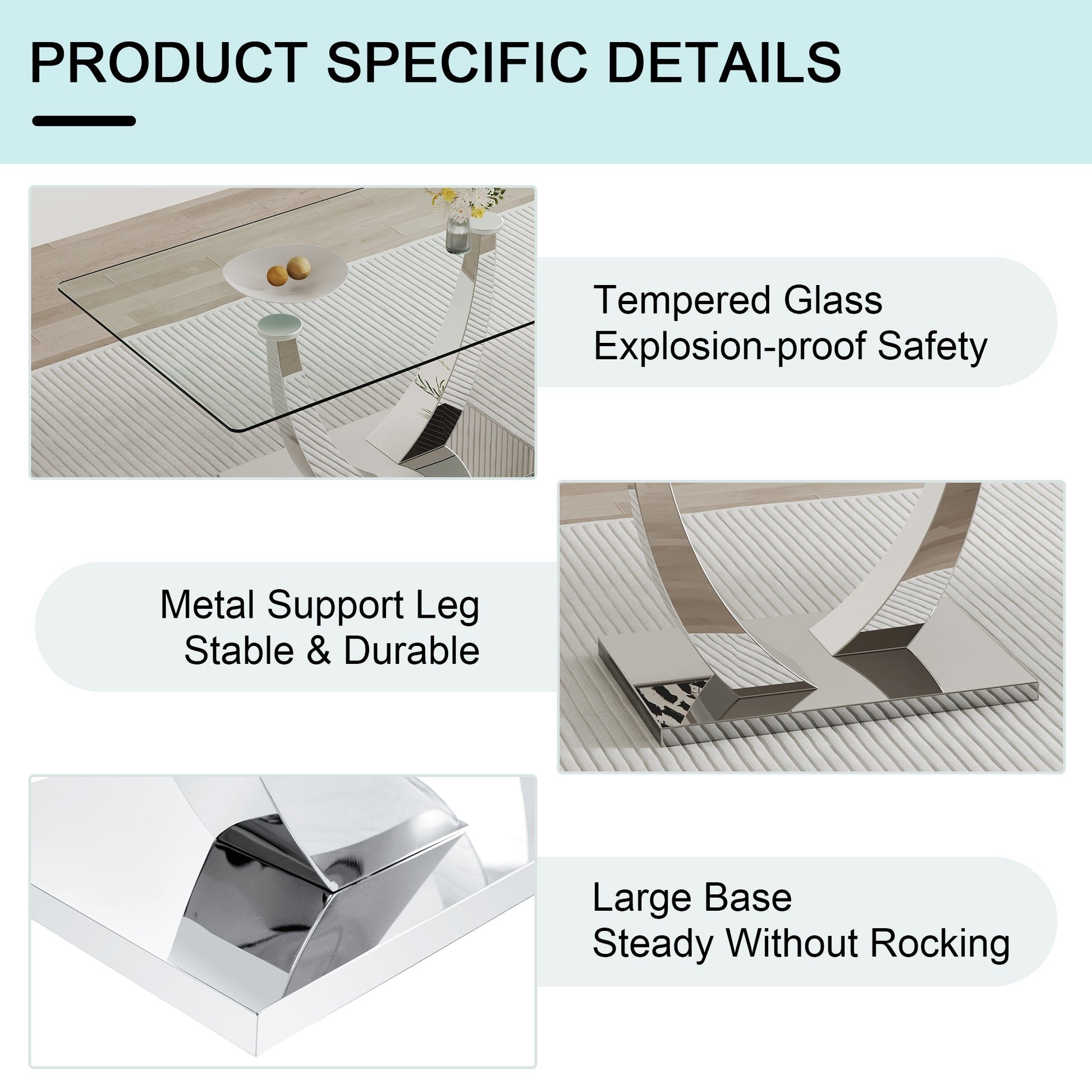 Table And Chair Set. Large Modern Rectangular Table With Glass Top And Silver Metal Legs. Furnished With Soft And Comfortable Pu Chairs With Faux Leather Upholstered Seats And Silver Metal Legs. White Silver Seats 6 Glass Metal