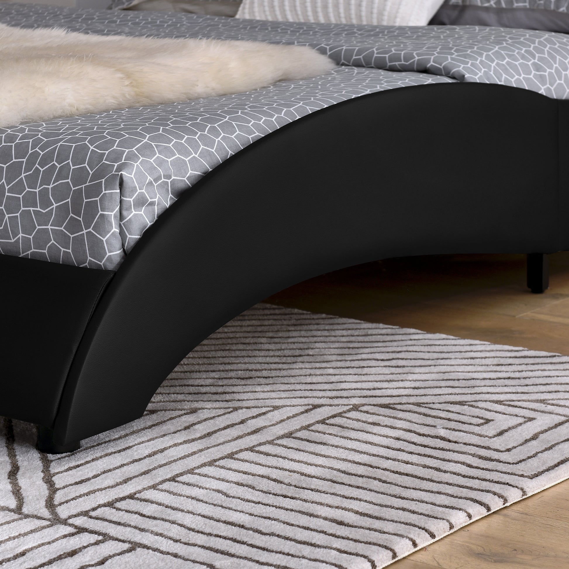 Queen Bed Frame Modern Faux Leather Upholstered Platform Bed Frame With And Headboard Wave Like Curve Low Profile Bed Frame,Wood Slats Support,Easy Assembly,Black Queen Black Pu
