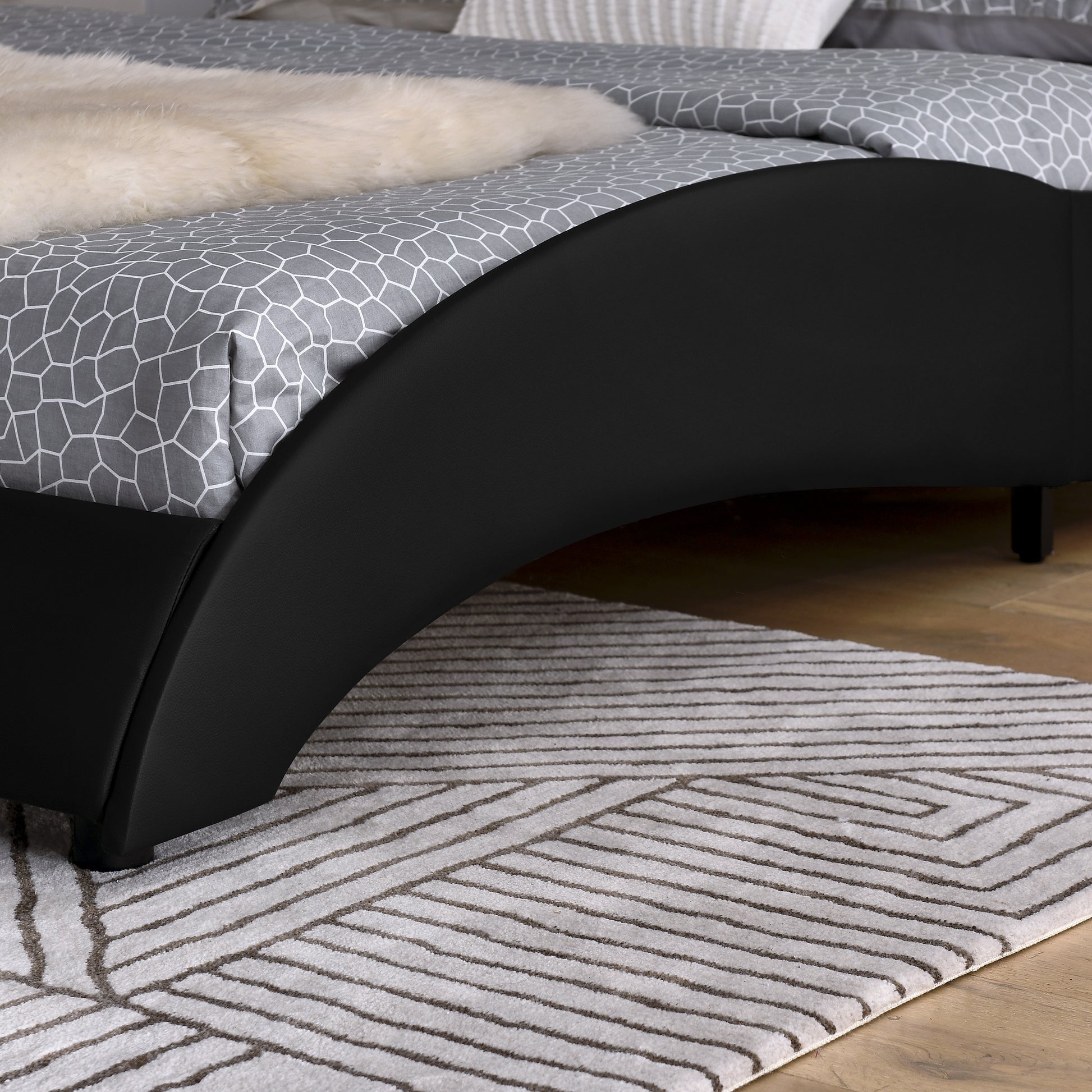 Queen Led Bed Frame Modern Faux Leather Upholstered Platform Bed Frame With Rgb Led Lights And Headboard Wave Like Curve Low Profile Bed Frame,Wood Slats Support,Easy Assembly, Black Queen Black Pu