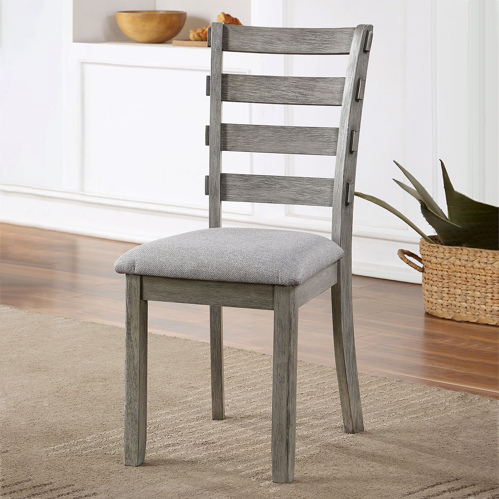 Gray Color Dining Chairs Padded Seat Set Of 2Pc Side Chair Ladder Back Kitchen Dining Room Wire Brushed Finish Gray Dining Room Classic,Modern,Transitional Dining Chairs Rubberwood Ladder Back Set