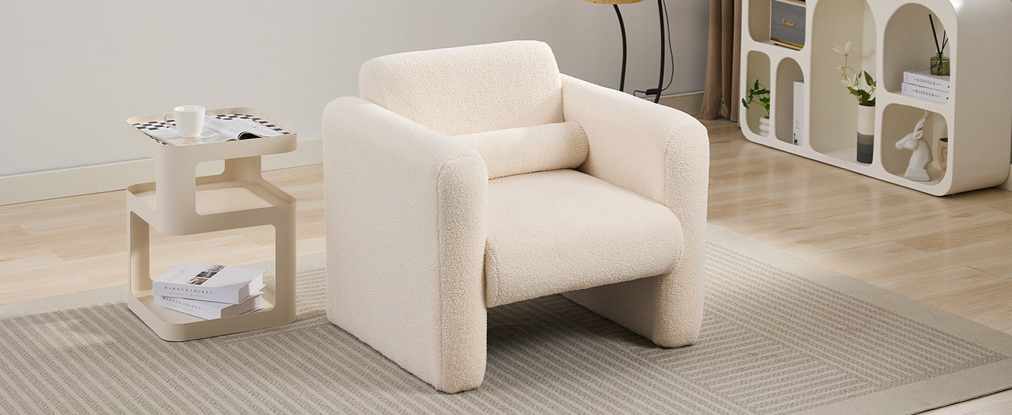 Modern Accent Chair Lambskin Sherpa Fabric Upholstered Comfy Reading Arm Chair Soft Padded Armchair With Back And Pillow For Living Room Bedroom Reception Waiting Room Office, Cream Cream Primary Living Space Upholstered