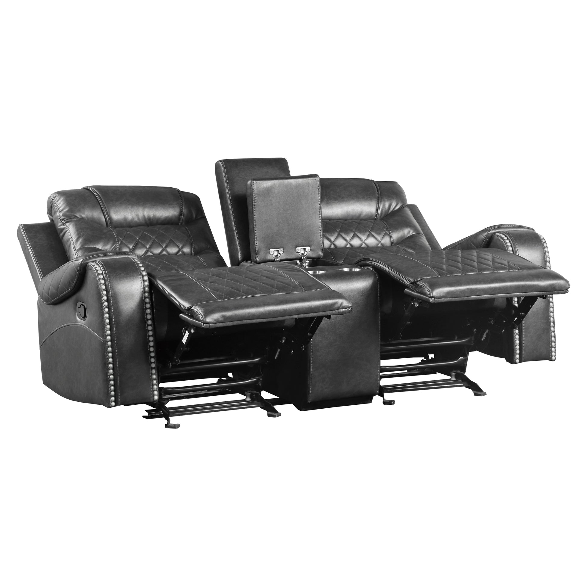 Luxurious Living Room Furniture 2Pc Reclining Sofa Set Grayfaux Leather Upholstery Center Drop Down Cup Holders, Power Outlets, Usb Ports, Diamond Pattern Stitching Gray Faux Leather Wood Primary Living Space Luxury,Modern Solid Wood 5 Seat
