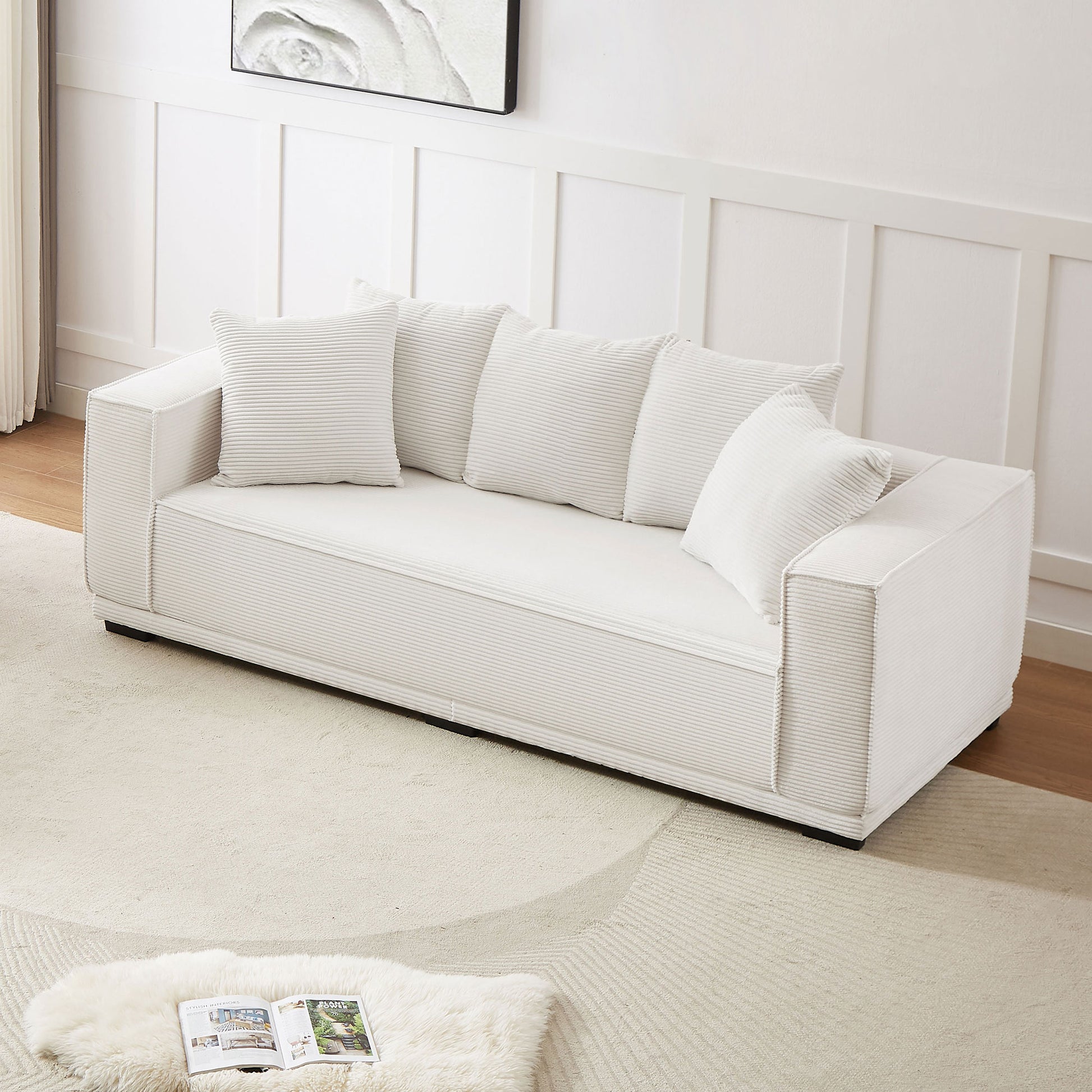 88.97'' Mid Century Modern Upholstered Sofa With 5 Matching Toss Pillows, Including Bottom Frame,Comfy Couches For Living Room, Bedroom, Apartment And Office.White White Corduroy 3 Seat