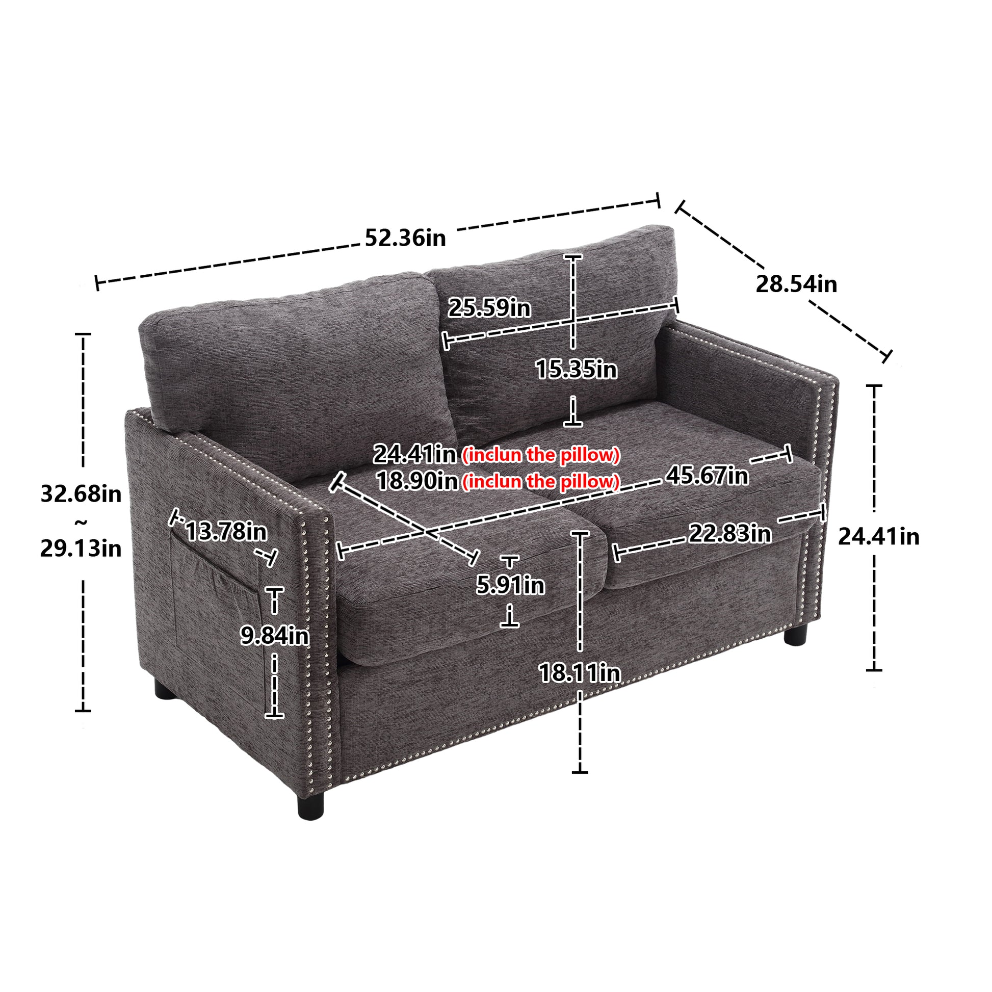 United Modern Chenille Fabric Loveseat, 2 Seat Upholstered Loveseat Sofa Modern Couch Dark Gray Chenille 2 Seat