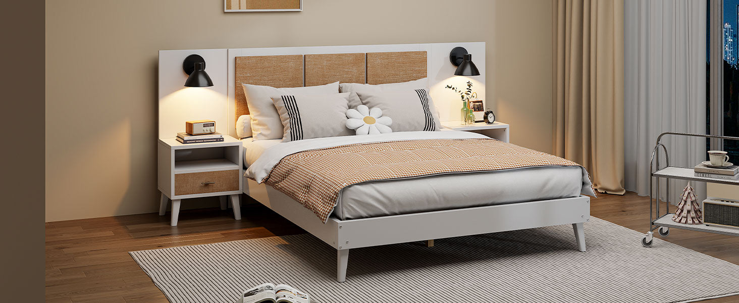 Queen Size Solid Wood Bed Frame With 2 Nightstands, Elegant Design With Lamps, Rattan And Wood Combination,White Queen White Wood